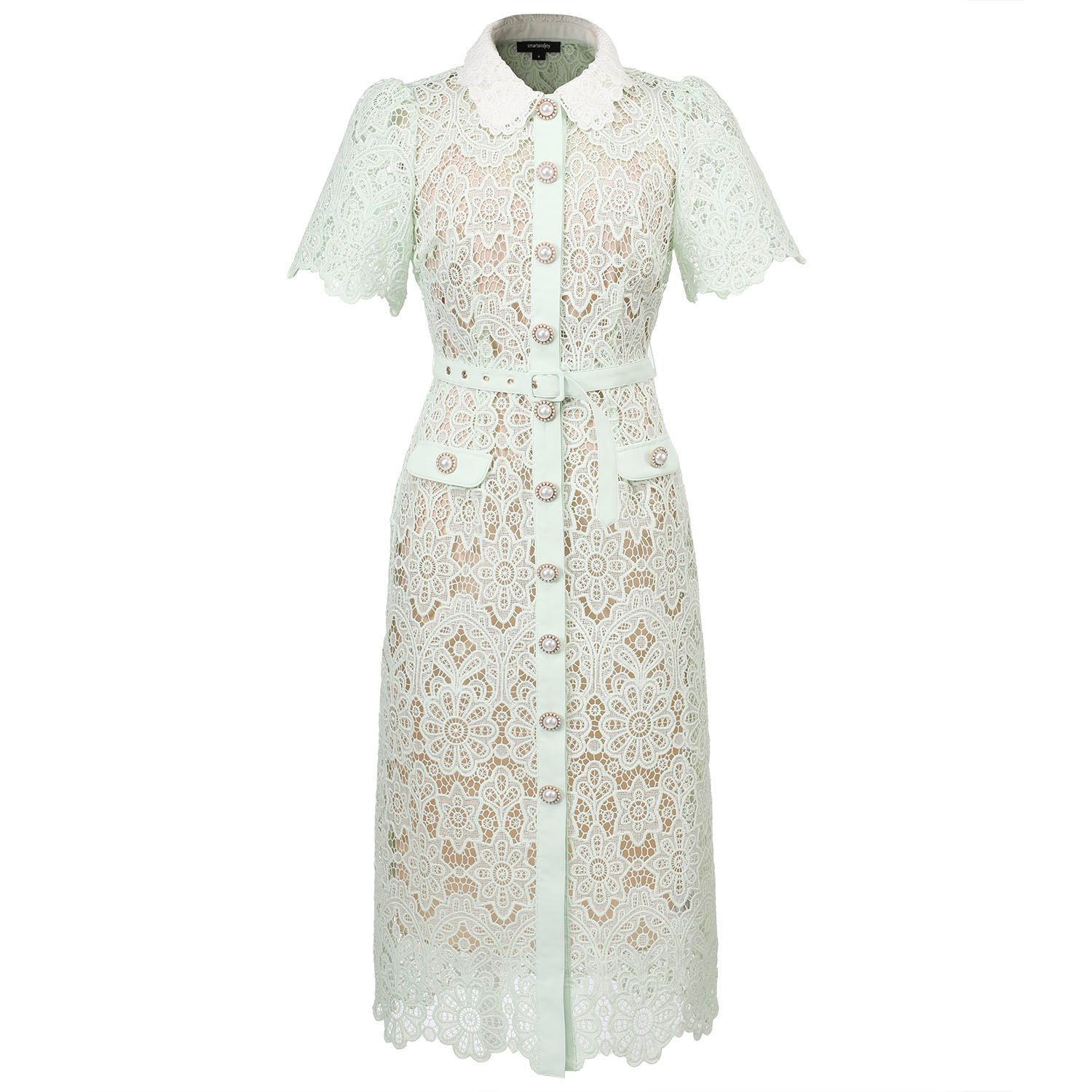 Smart And Joy Women's Neutrals Sheer Full Lace Button Line Dress - Mint In Green