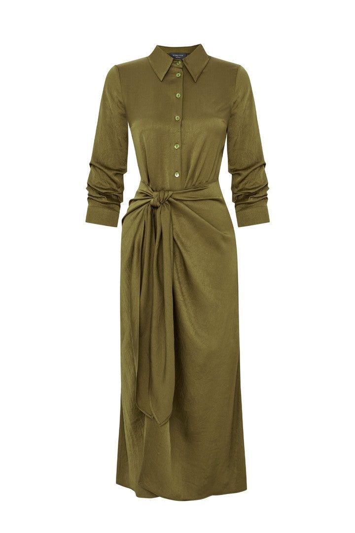 Women's Slim Fitted Waist Belted Midi Shirt Dress