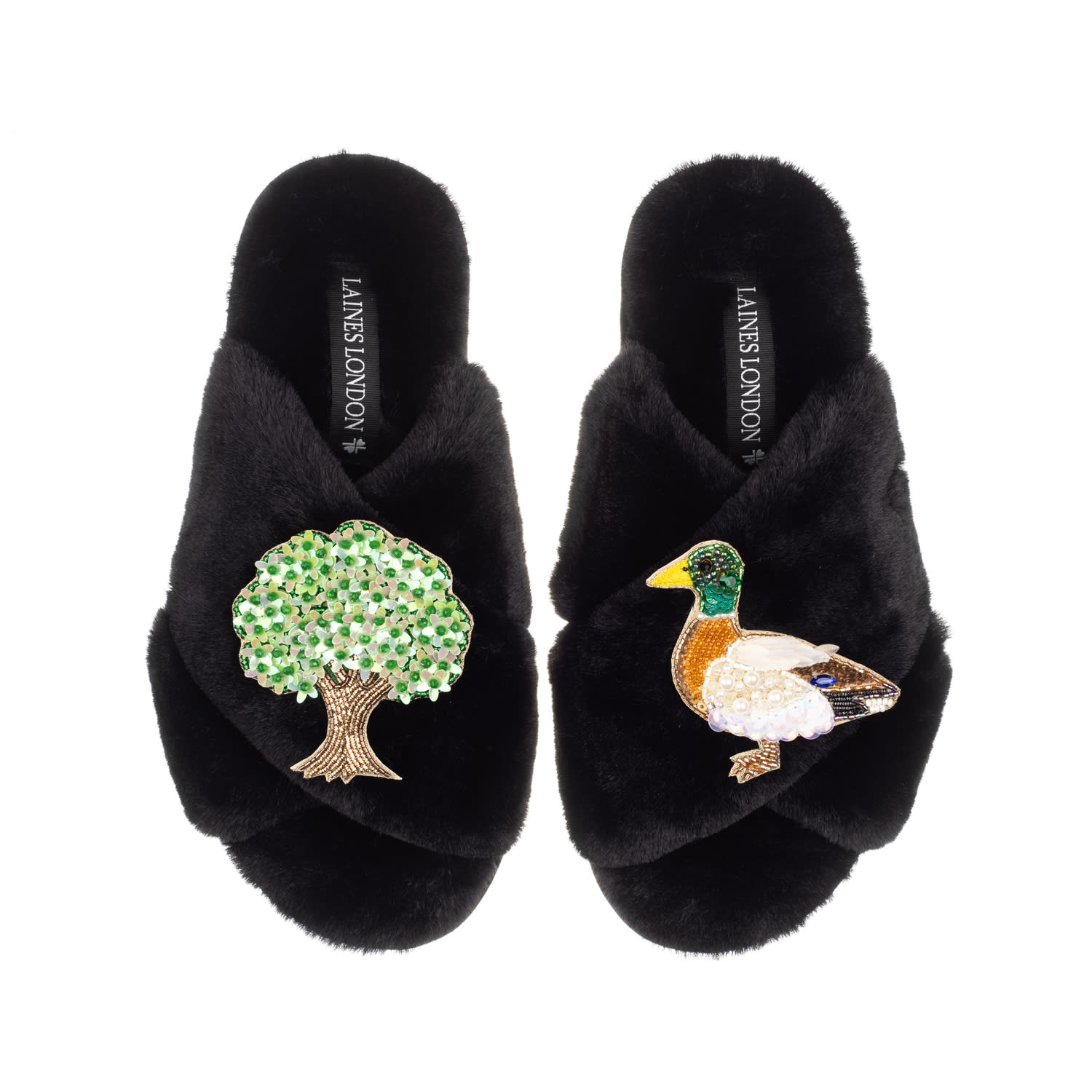Laines London Women's Classic Laines Slippers With White Oak Tree & Duck Brooches - Black In Black