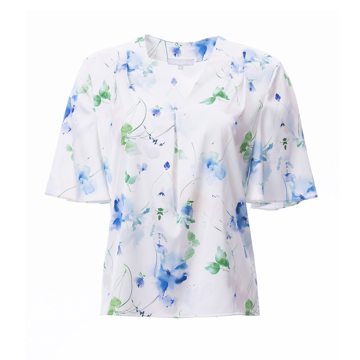 Carloslines Women's V-neck Pleat Detail Flutter Sleeve Blouse In Watercolored Flowers Print