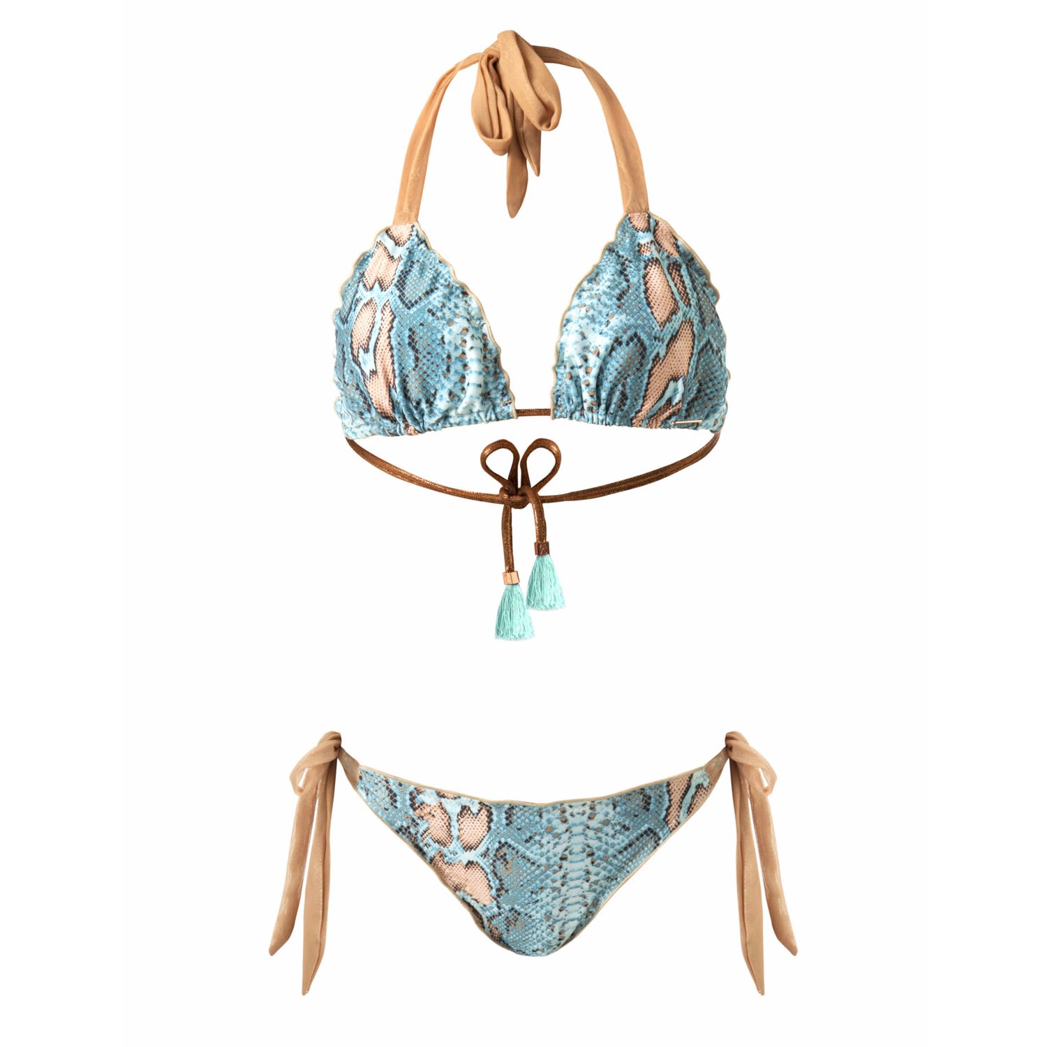 Deessa Ibiza Women's Gold / Blue Ibiza Turquoise Blue Animal Print Ruched Triangle Bikini Set Georgia Sara Salina In Gold/blue