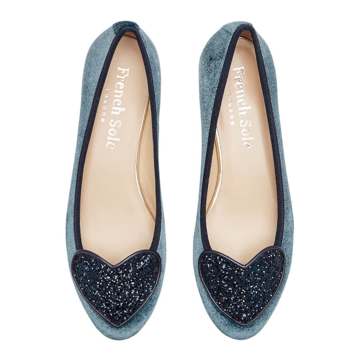 Women’s Love Heart Blue Velvet Navy Glitter Heart 3 Uk French Sole