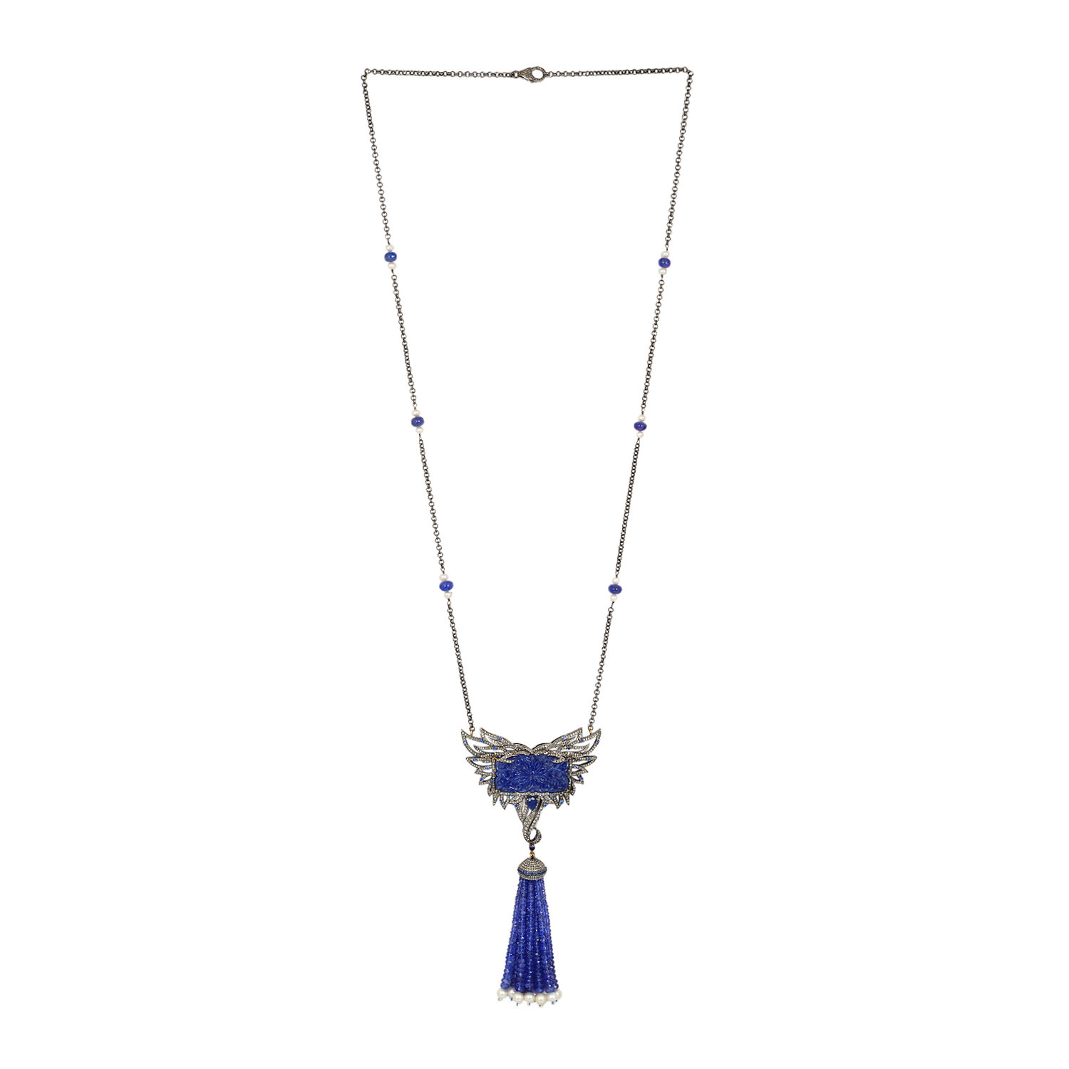 Women’s Gold / Blue Blue Sapphire Multi Gemstone Beaded Tassel Necklace 925 Sterling Silver In 18K Yellow Gold Artisan