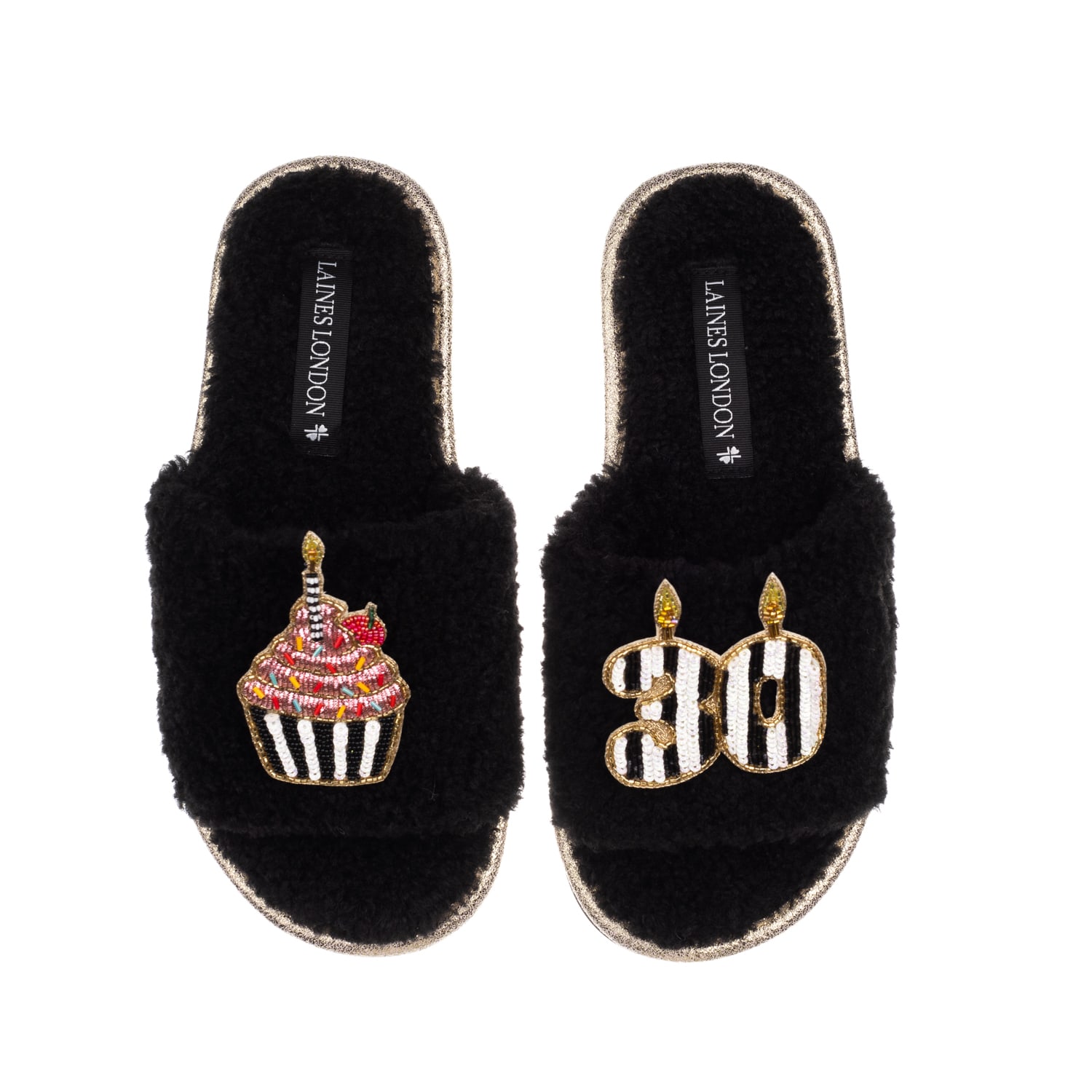 Laines London Women's Teddy Toweling Slipper Slider With Stripe 30th Birthday & Cake Brooches - Black In Black