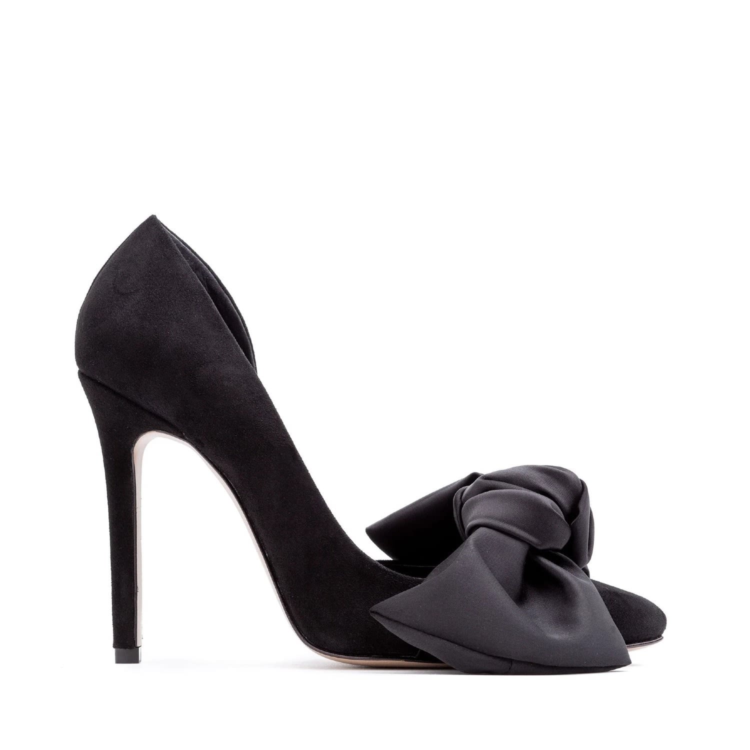 Ginissima Samantha Black Suede And Oversized Black Satin Bow Open Sided Stiletto In Black