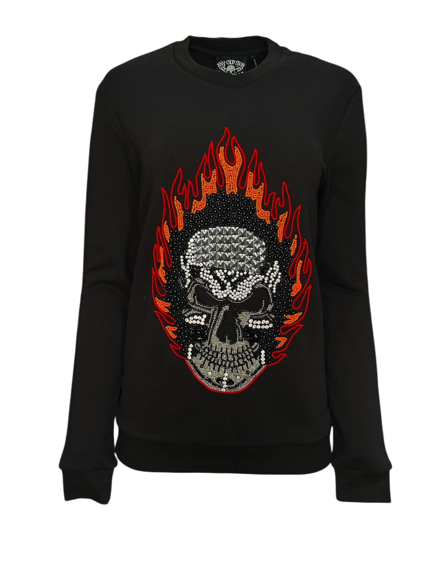 Any Old Iron Women's Black / Red / Silver Beaded Skull Fire Black Sweatshirt In Black/red/silver