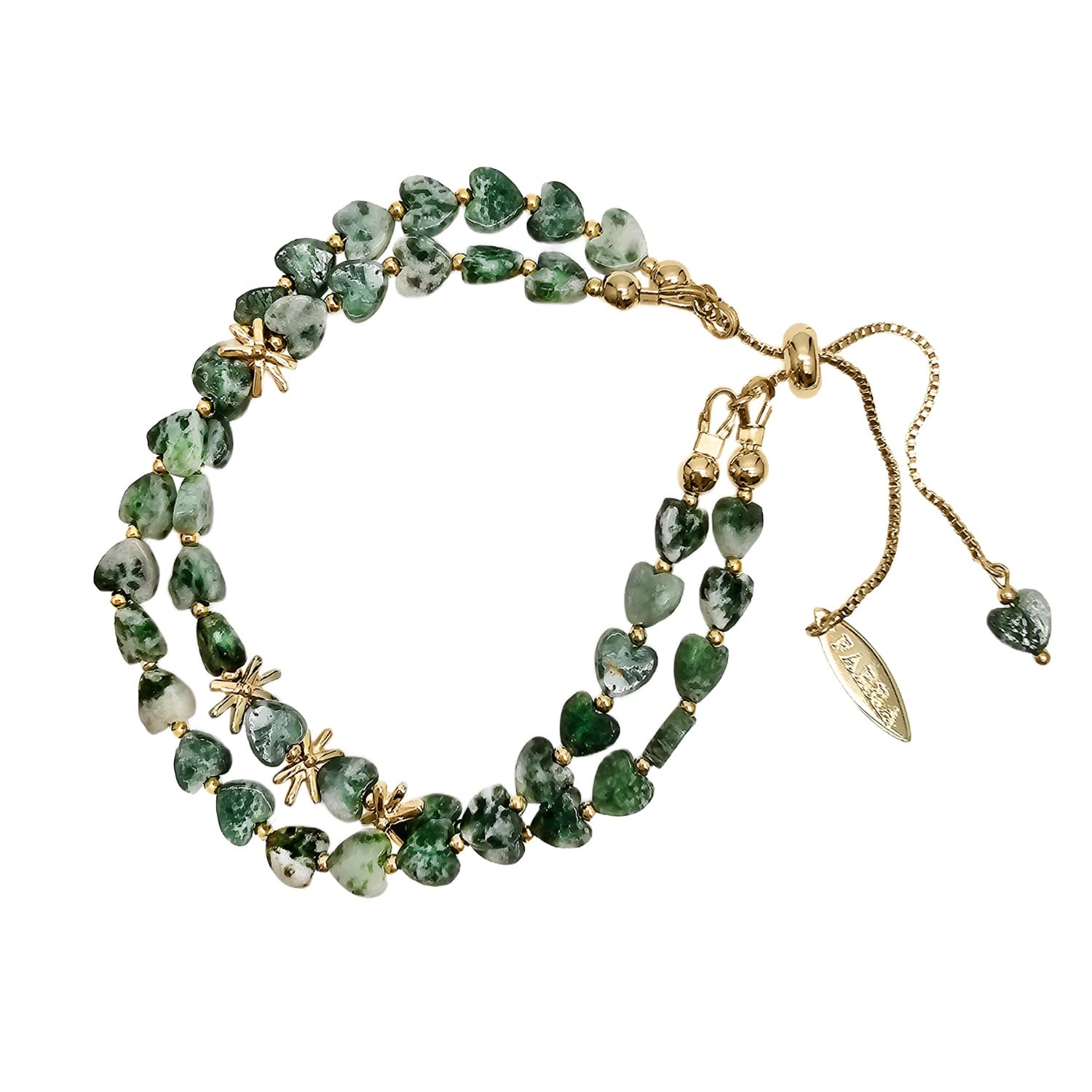 Farra Women's Green Dot Agate Double Layers Adjustable Bracelet In Gold