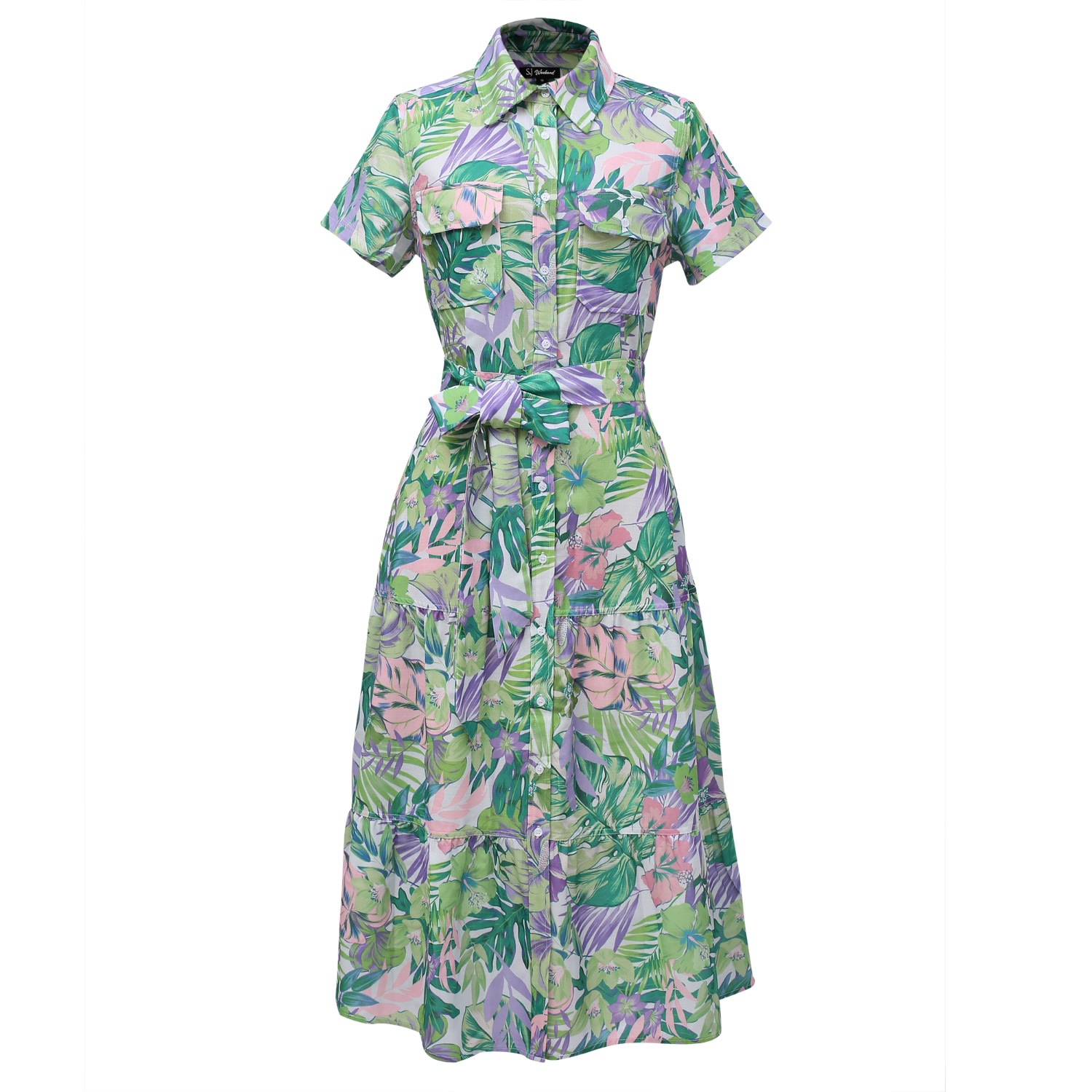 Smart And Joy Women's Green / Blue Tropical Print Midi Shirt Dress - Green In Green/blue