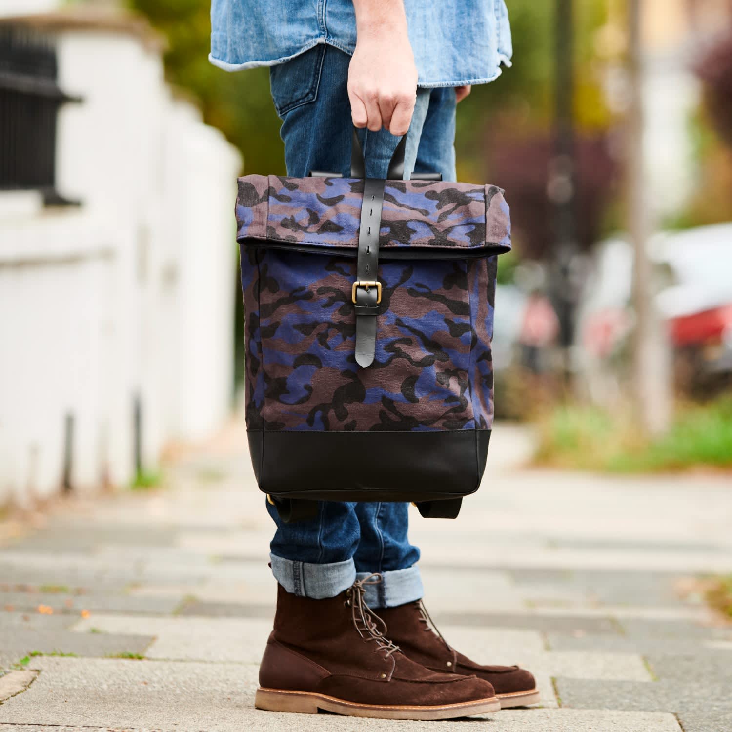 Camo Canvas And Leather Roll Top Backpack - Blue | VIDA VIDA