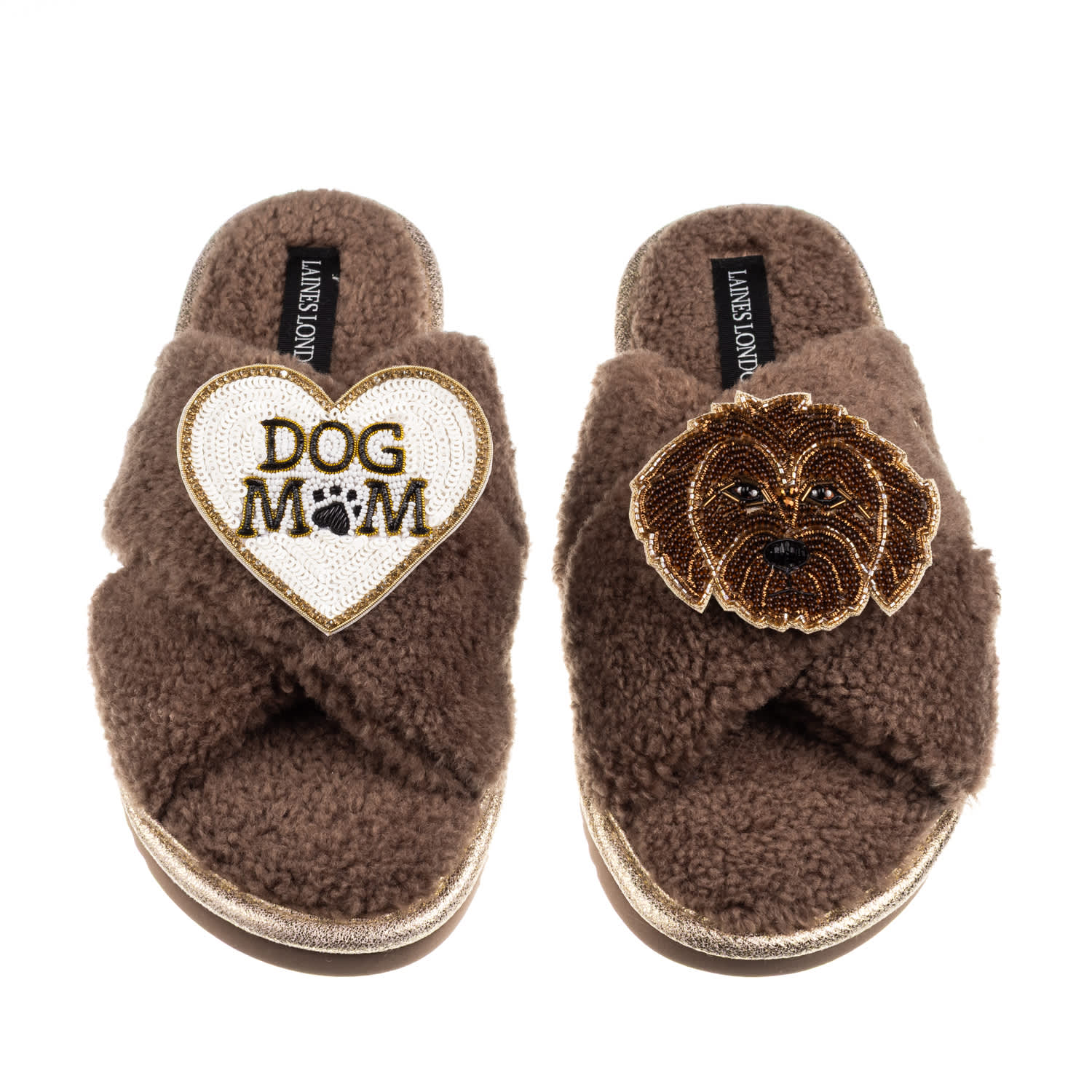 Laines London Women's Brown / Neutrals Boucle Slippers With Dog Mum/mom & Chocolate Cockapoo Brooches - Mink In Brown