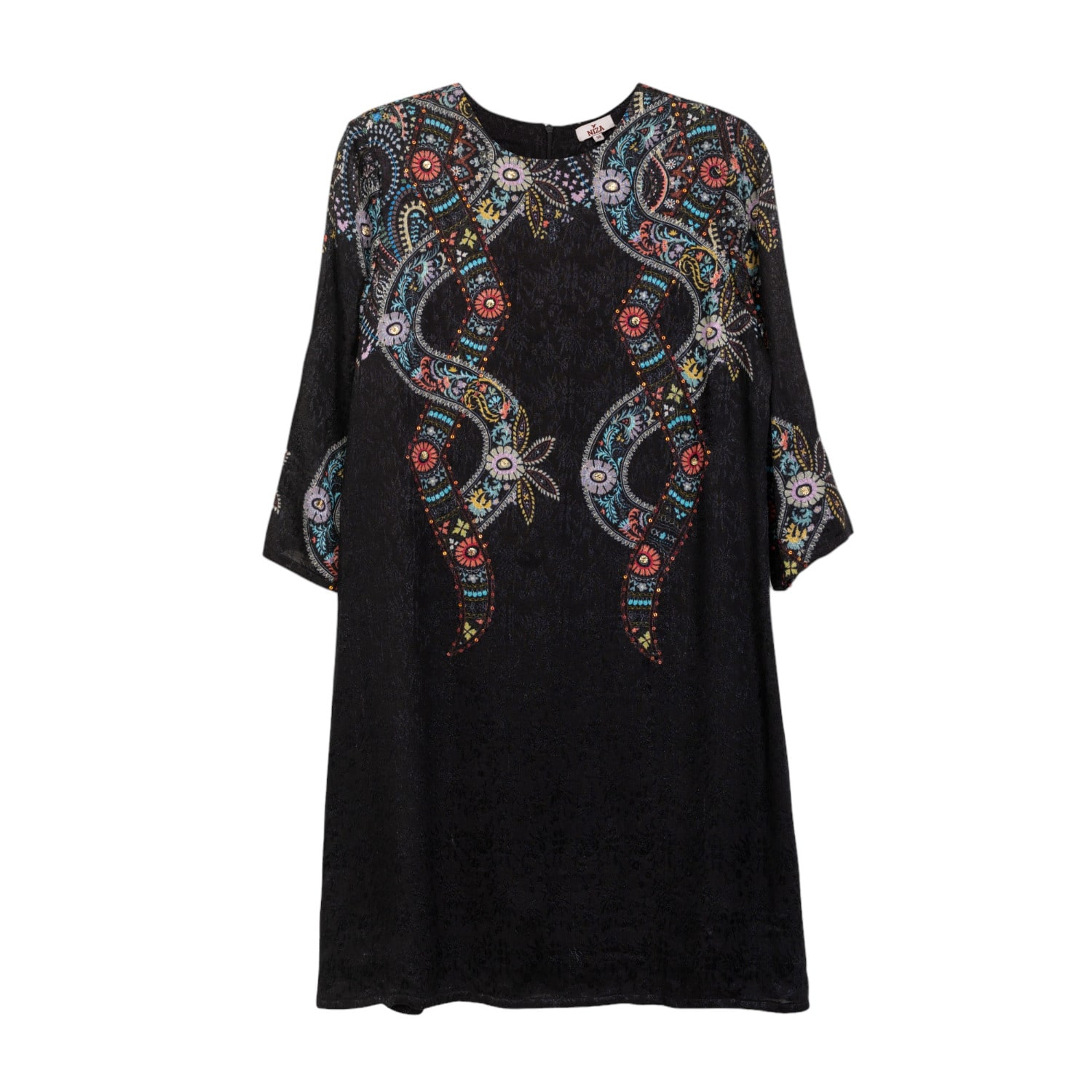 Niza Women's Black Mini Dress With Round Neck And Paisley Print In Black