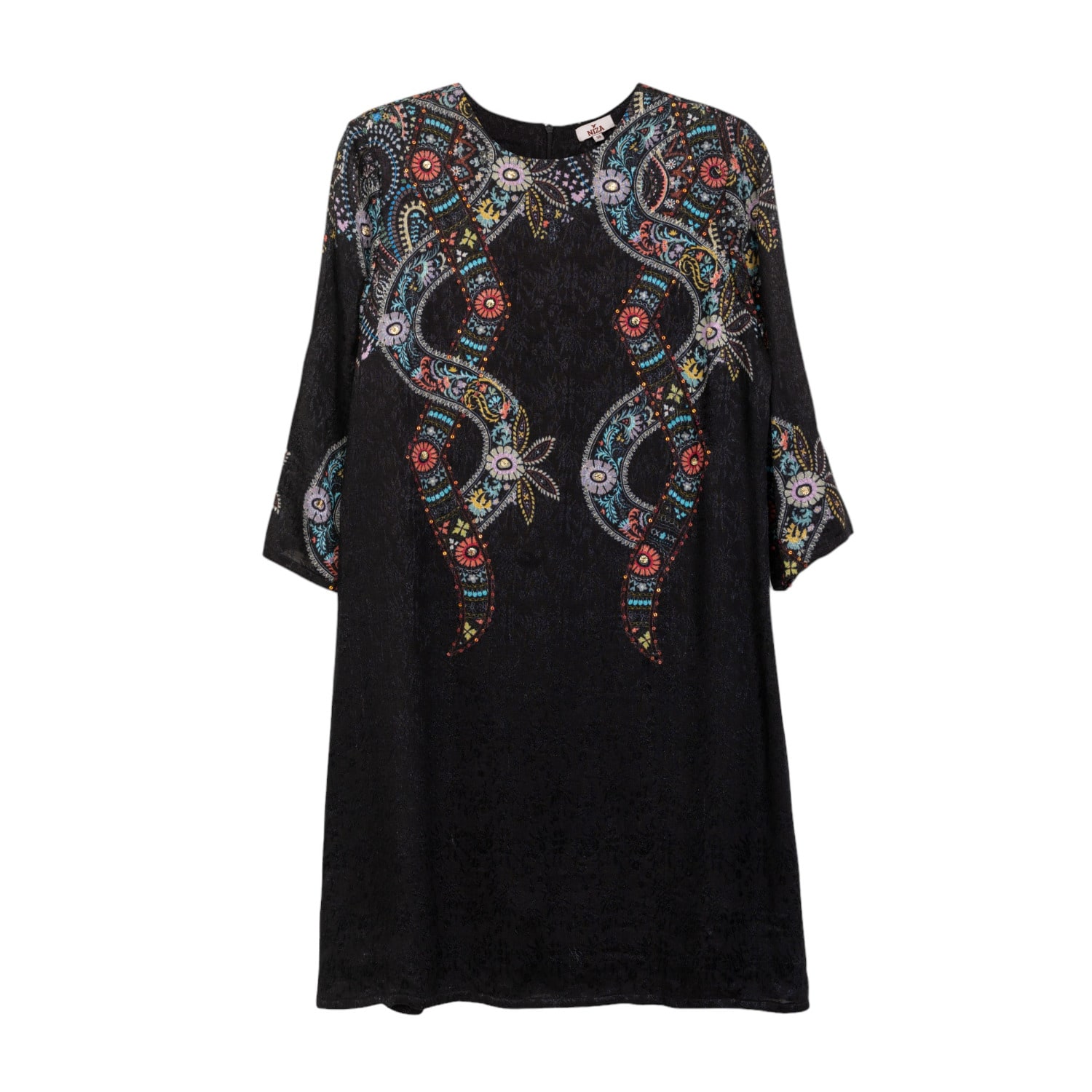 Women’s Black Mini Dress With Round Neck And Paisley Print Medium Niza