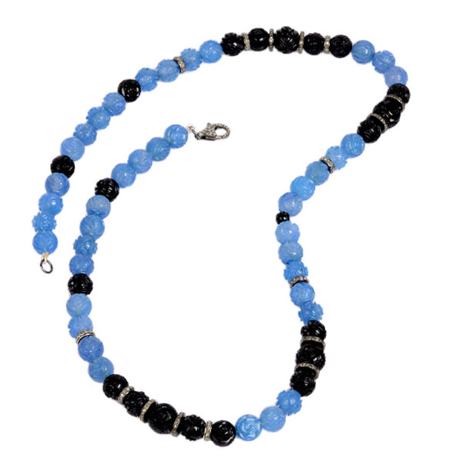 Women’s Black / Blue Carved Onyx Agate Diamond 925 Sterling Silver Beaded Necklace Jewelry Artisan