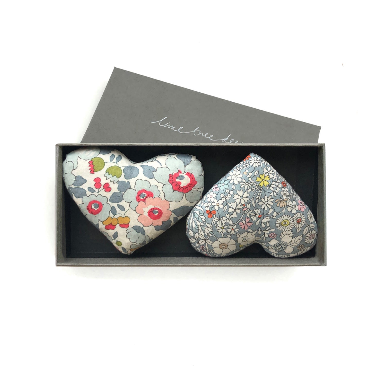 Lime Tree Design Grey Love Heart Box Of Two Lavender Hearts - Made With Liberty Fabric In Multi