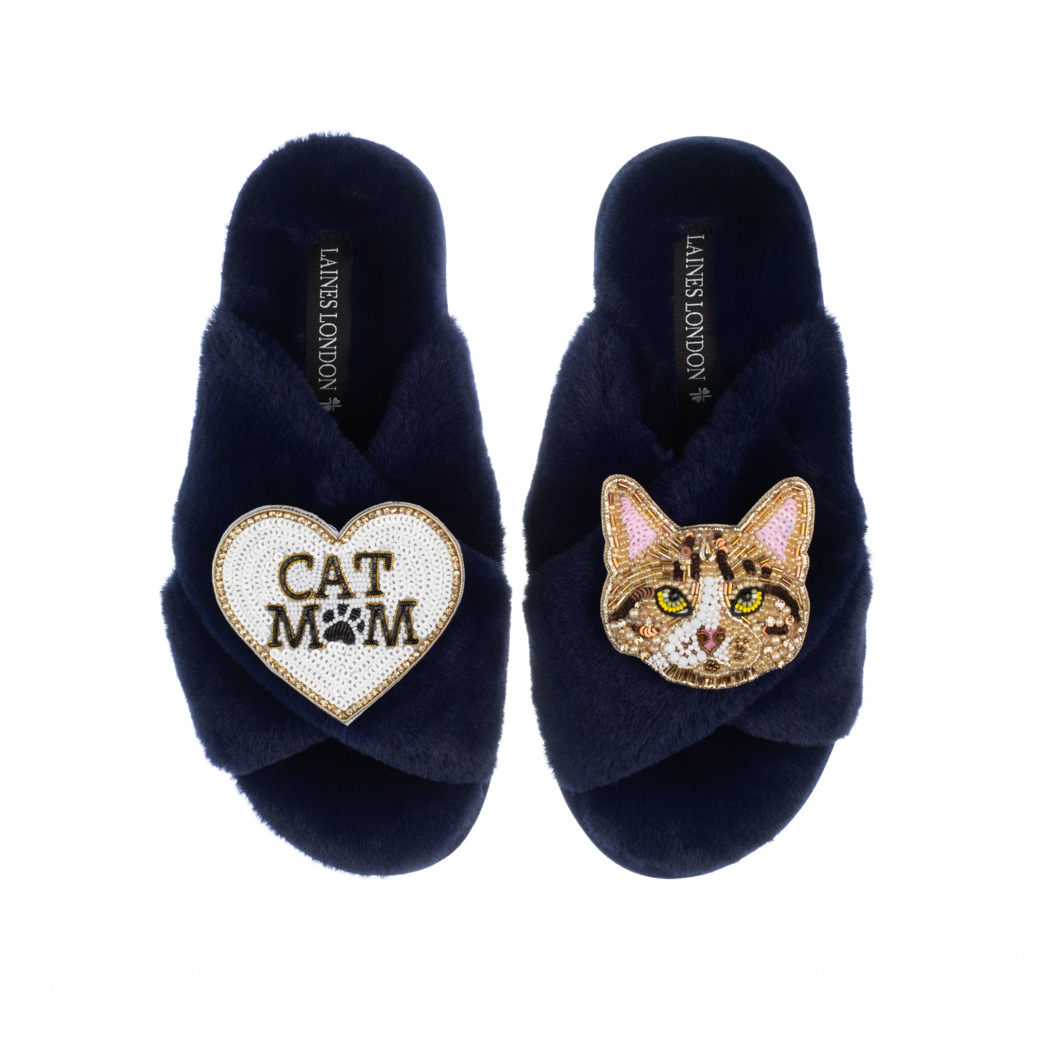 Laines London Women's Blue Classic Laines Slippers With Cat Mum / Mom & Tabby Cat Brooches - Navy In Blue