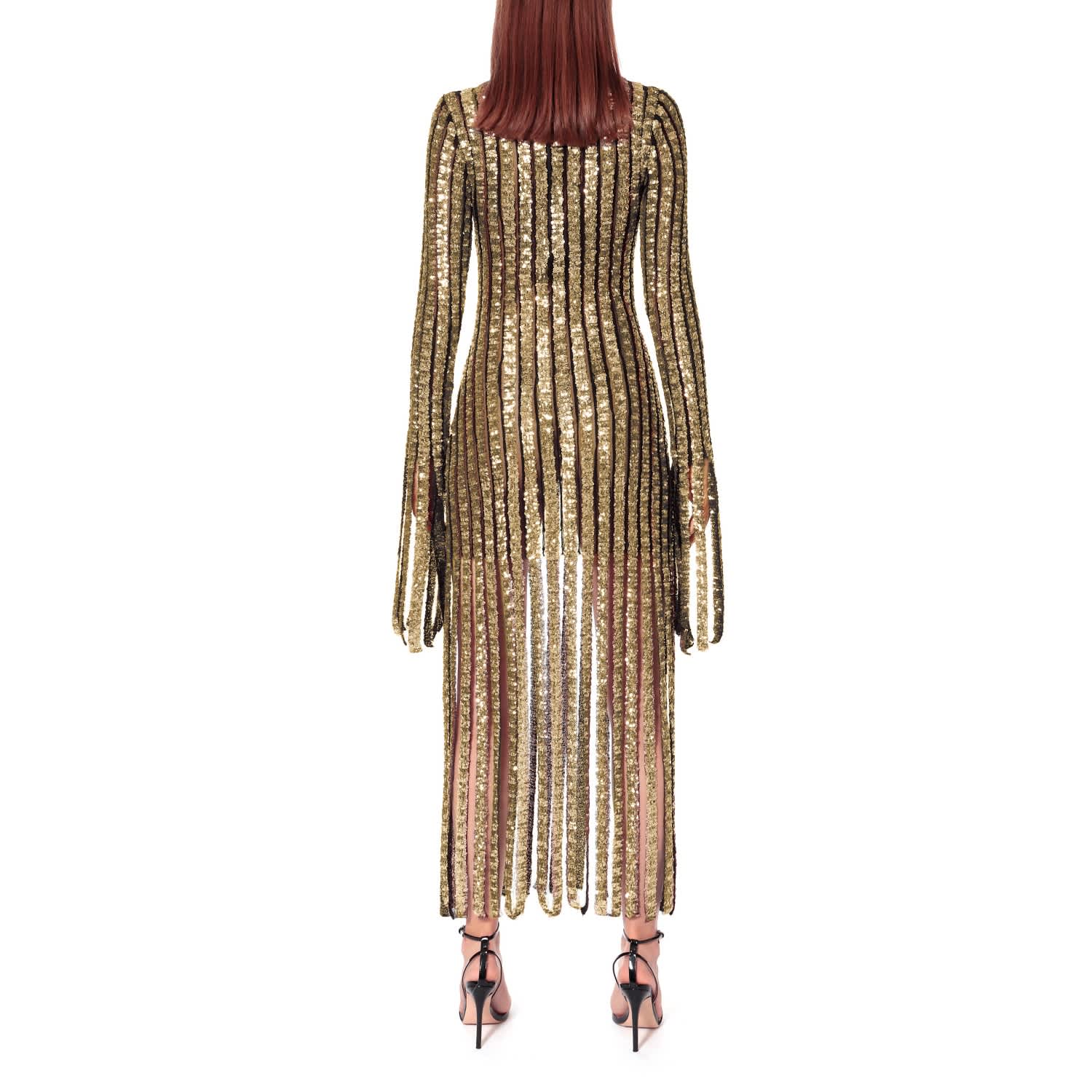 Long Sleeve Short Gold Sequined Fringe Dress White Gold Sequin Deep V Neck  Puff Sleeve Fringe