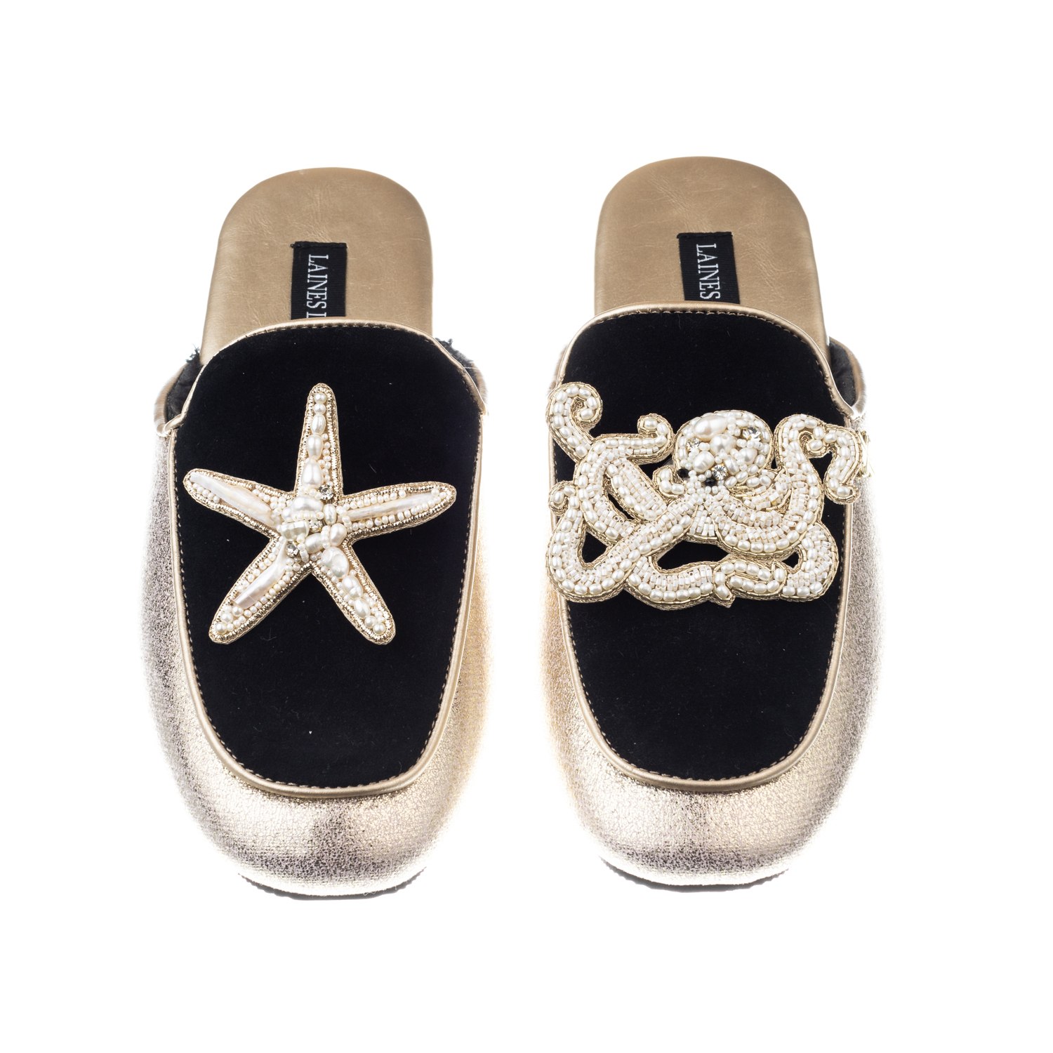 Laines London Women's Black / Gold Classic Mules With Pearl Starfish & Octopus Brooches - Black & Gold