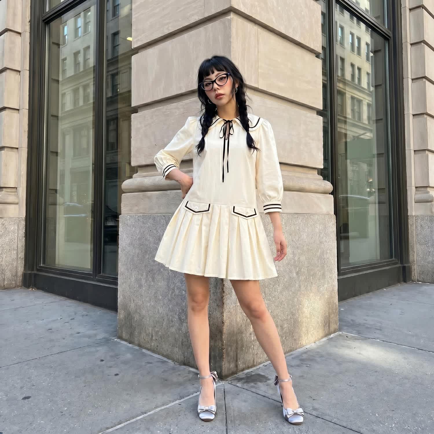 Long Sleeve Mini Dress With Peter Pan Collar Front Tie Detail
