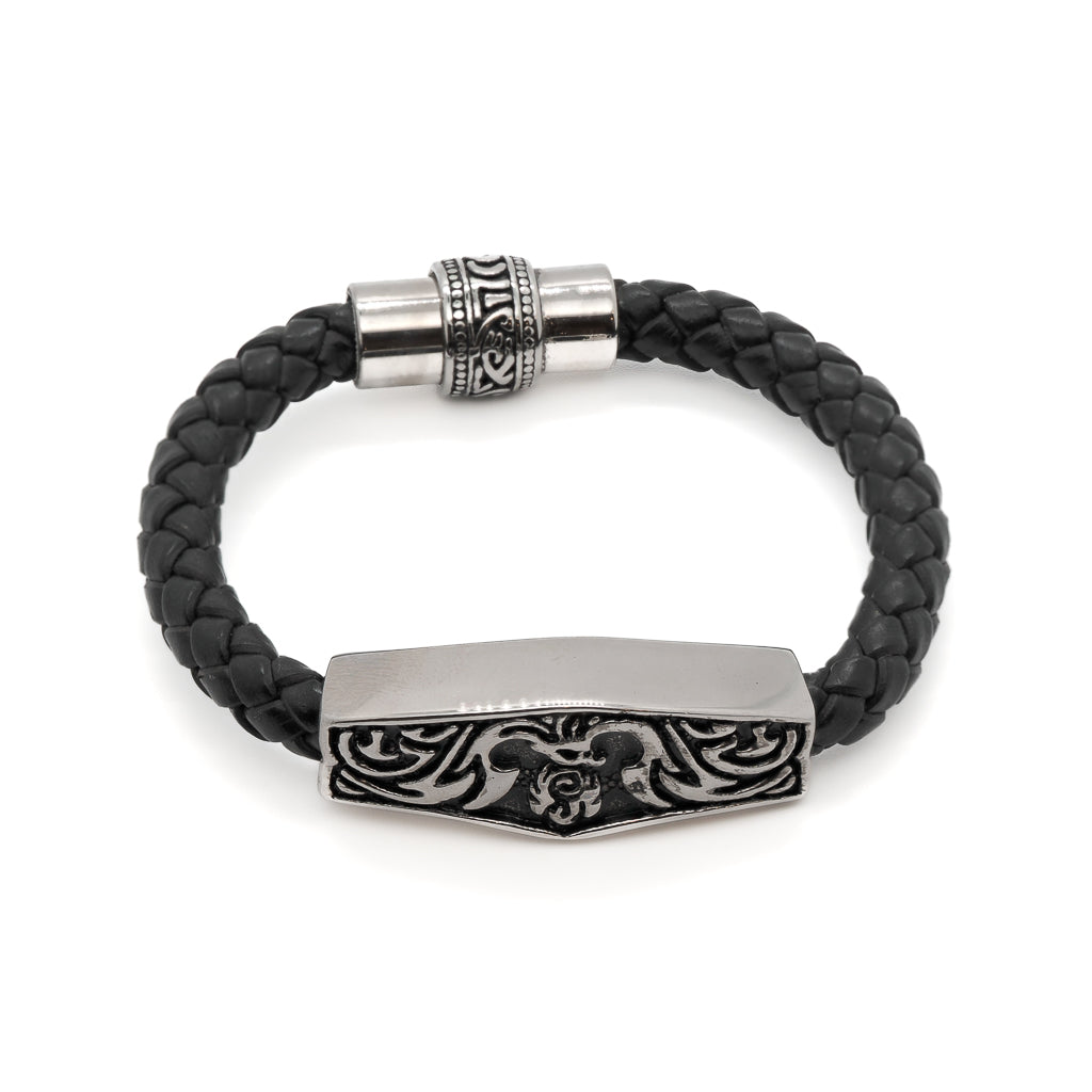 Black / Silver Men’s Silver Tribal Black Leather Bracelet - Black Ebru Jewelry