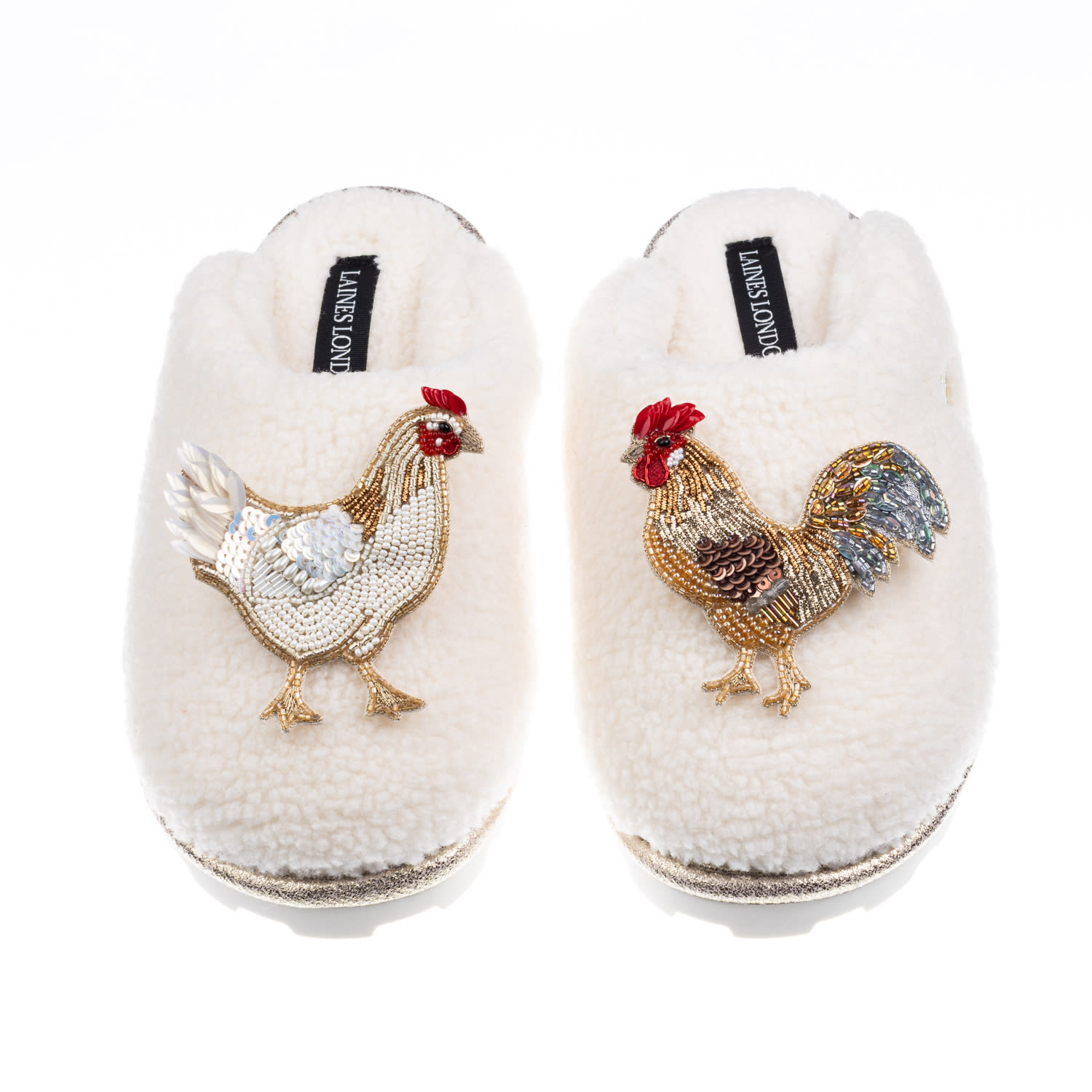 Laines London Women's Neutrals / White Teddy Closed Toe Slippers With Chicken & Cockrel Brooches - Cream In White