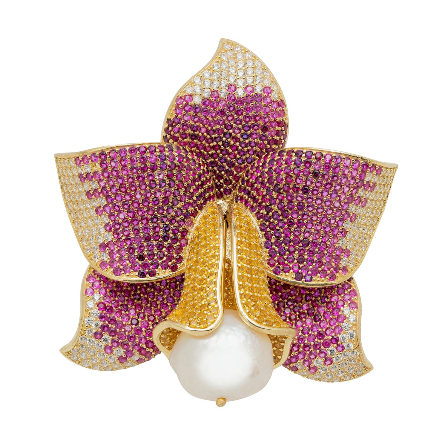 Women’s Pink / Purple Daffodil With Pearl Cocktail Ring Gold Ruby Cz Latelita