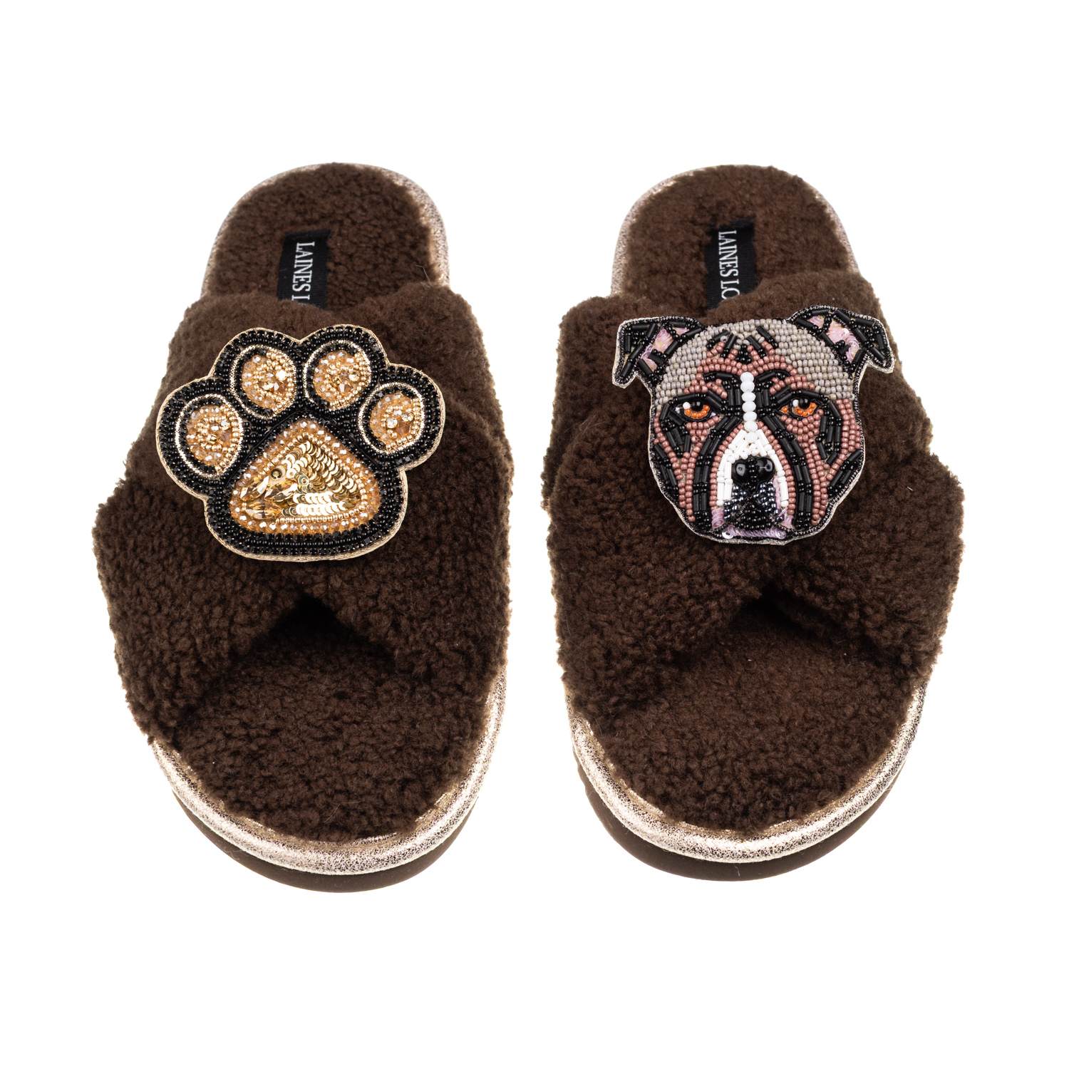 Laines London Women's Brown / Neutrals Laines Neutral Boucle Slippers With Luna-rose Staffy & Paw Brooches - Choco