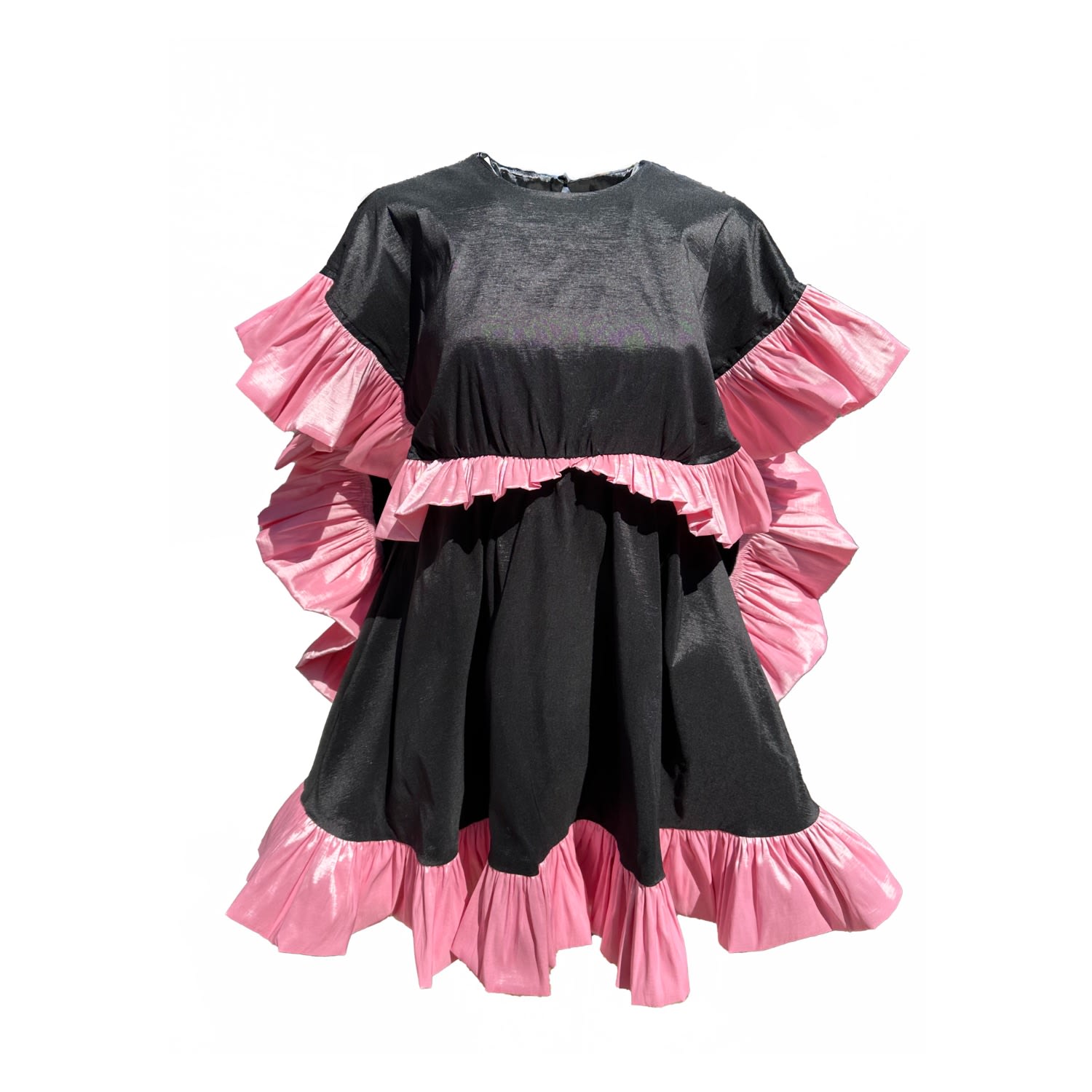Women's Superheroine Pink And Black Ruffle Taffeta Cocktail Dress | Extra Small | Madeleine Simon Studio