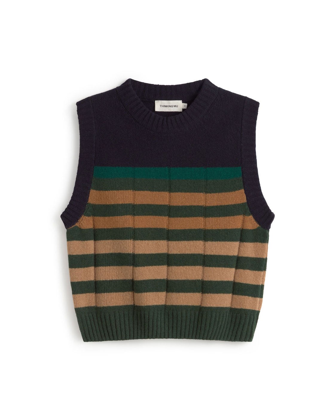 Thinking Mu Women's Green Yellow Striped Knitted Wool Sherry Vest