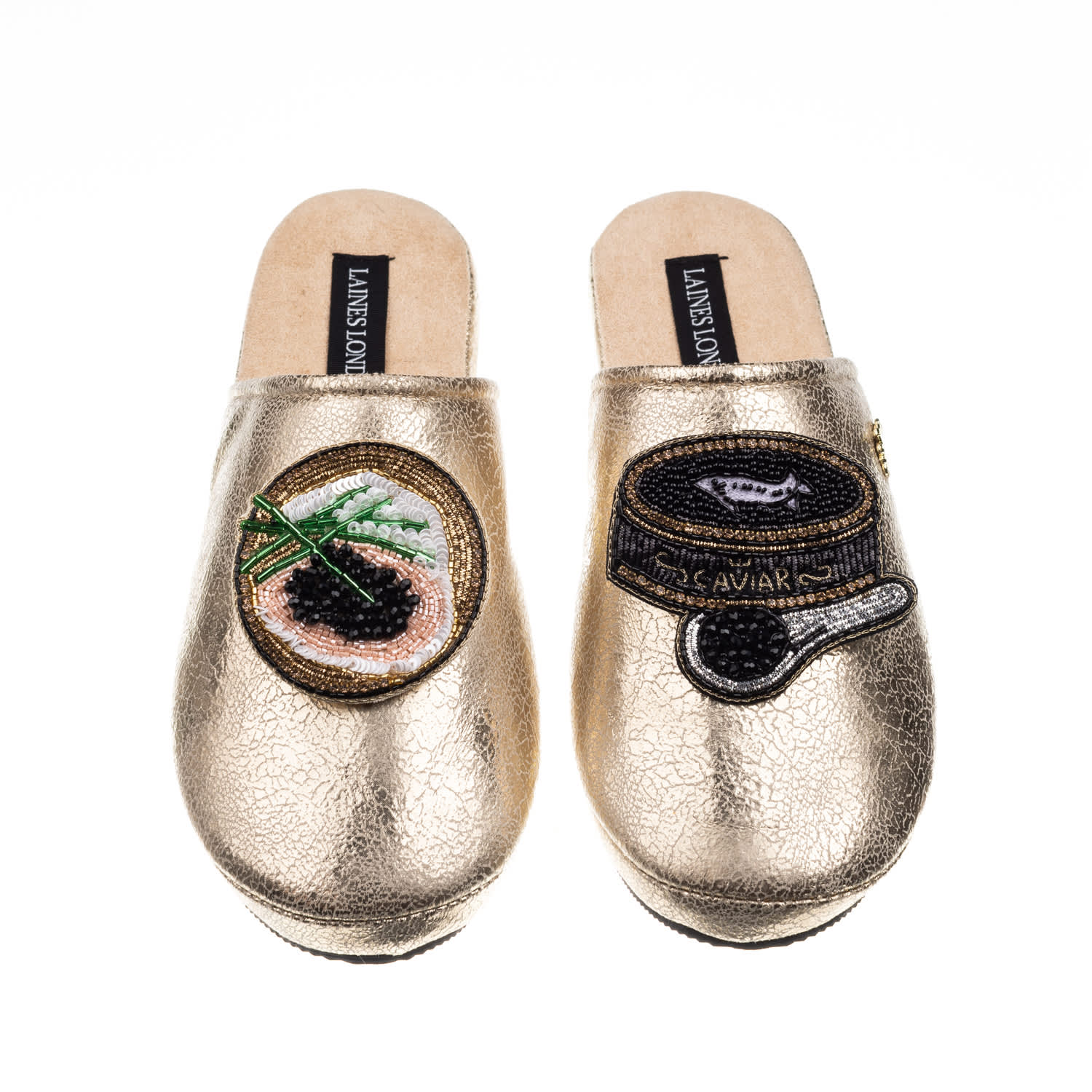 Laines London Women's  Gold Softie Slippers With Caviar & Blini Brooches In Gold