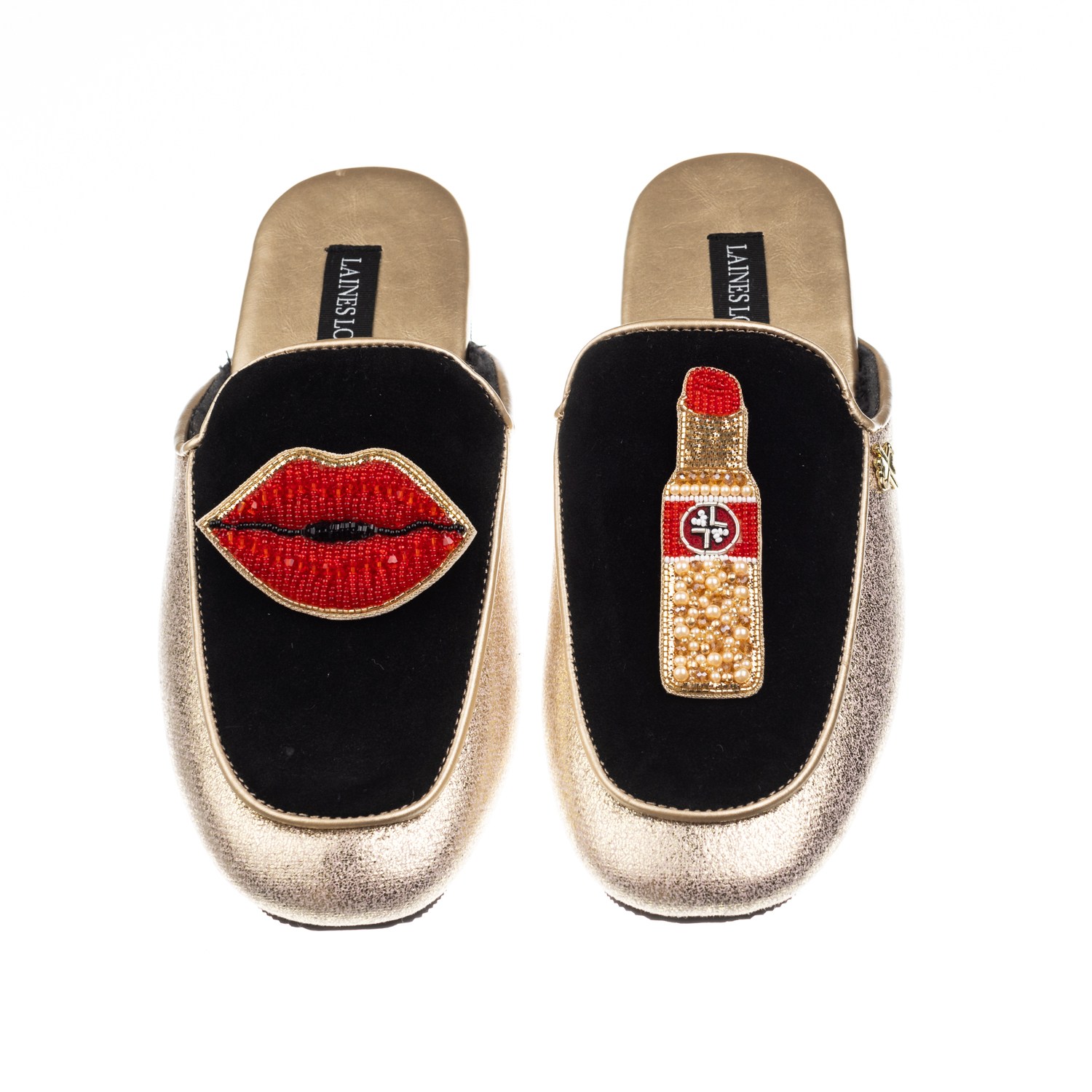 Laines London Women's Black / Gold Classic Mules With Red Lipstick & Lips Brooches - Black & Gold In Black/gold