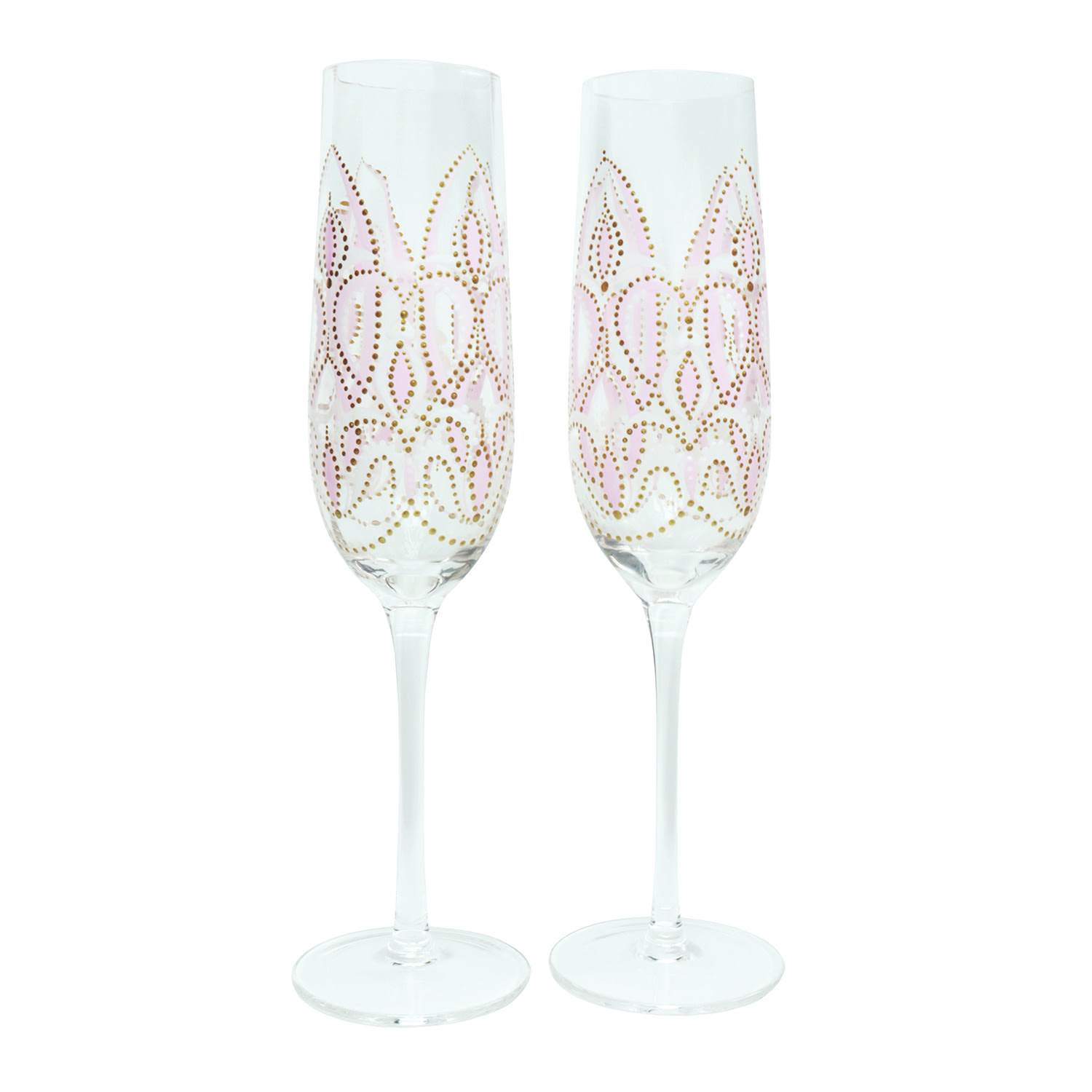 2kstyle White / Pink Iris Set Of Two Hand-painted Champagne Flutes - Multicolor