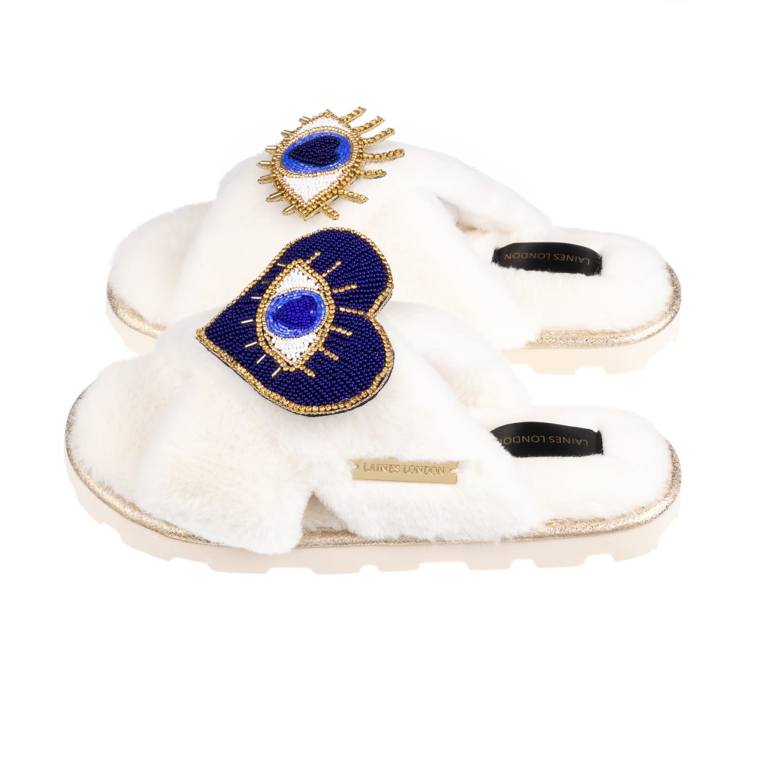 Women’s White Ultralight Chic Laines Slipper Slider With Artisan Double Blue Eye Brooches - Cream Large Laines London