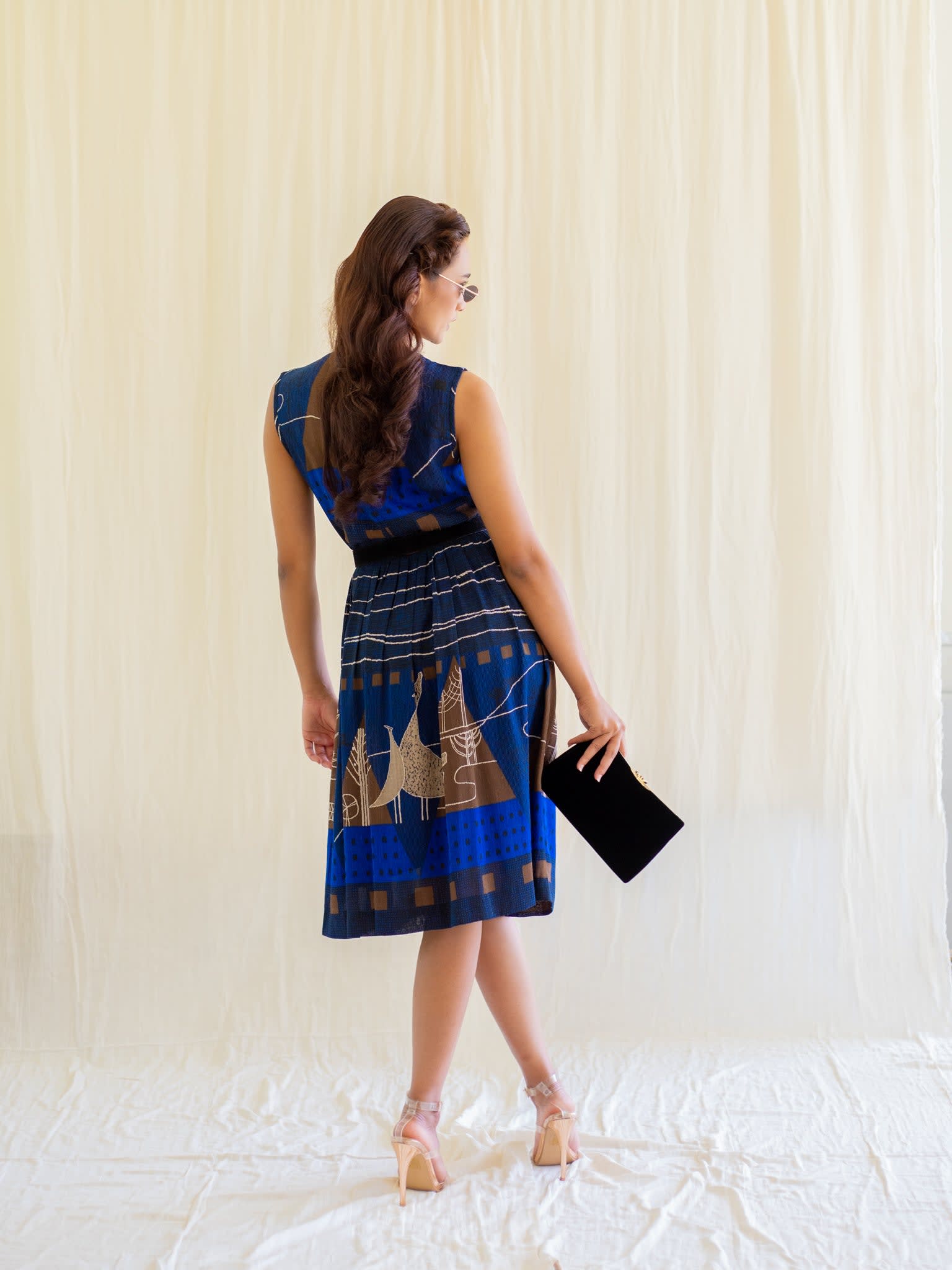 Navy Blue Vintage Dress With Abstract Print Sugar Cream Vintage
