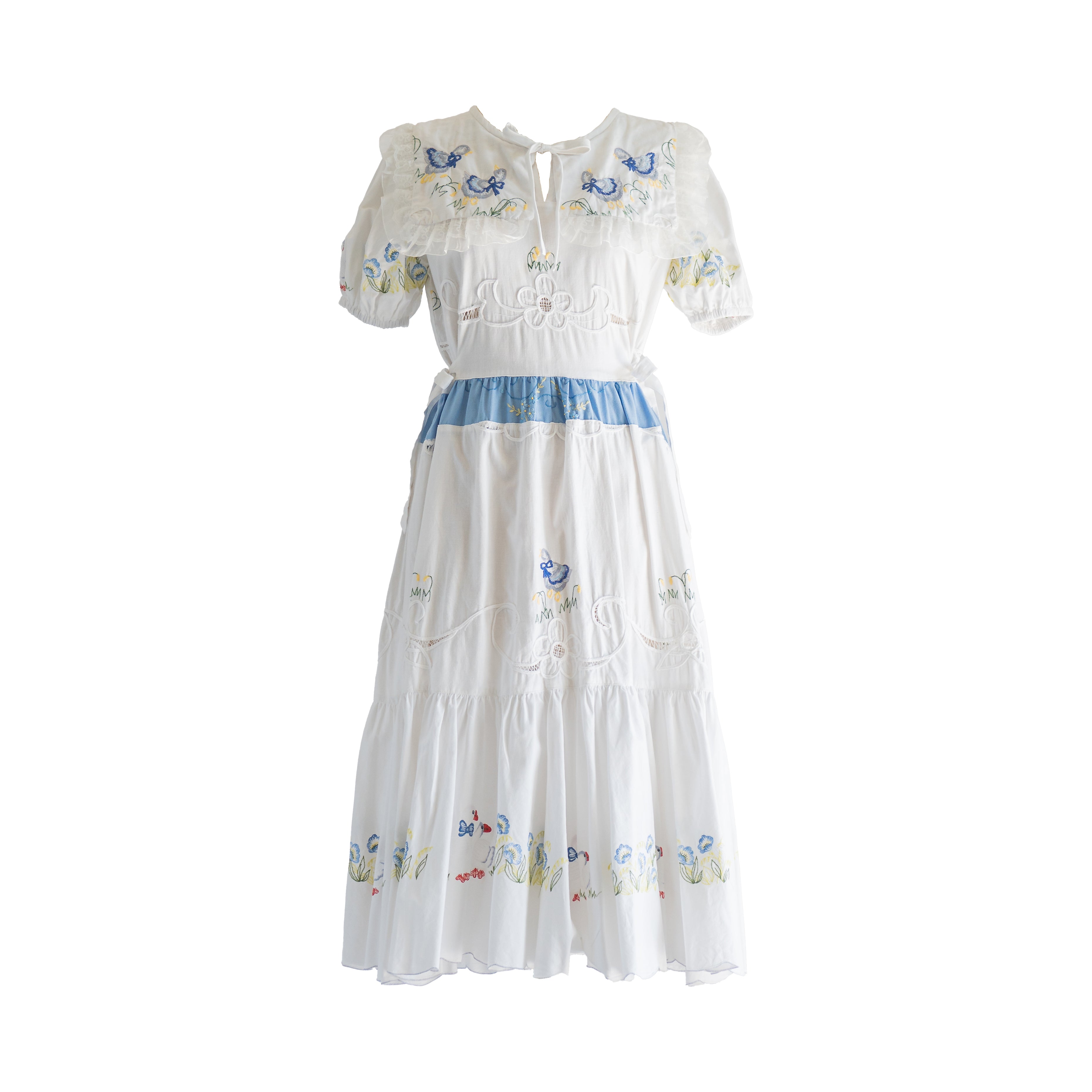 Sugar Cream Vintage Women's Re-design Upcycled Duck Swan Embroidery White Maxi Dress In White