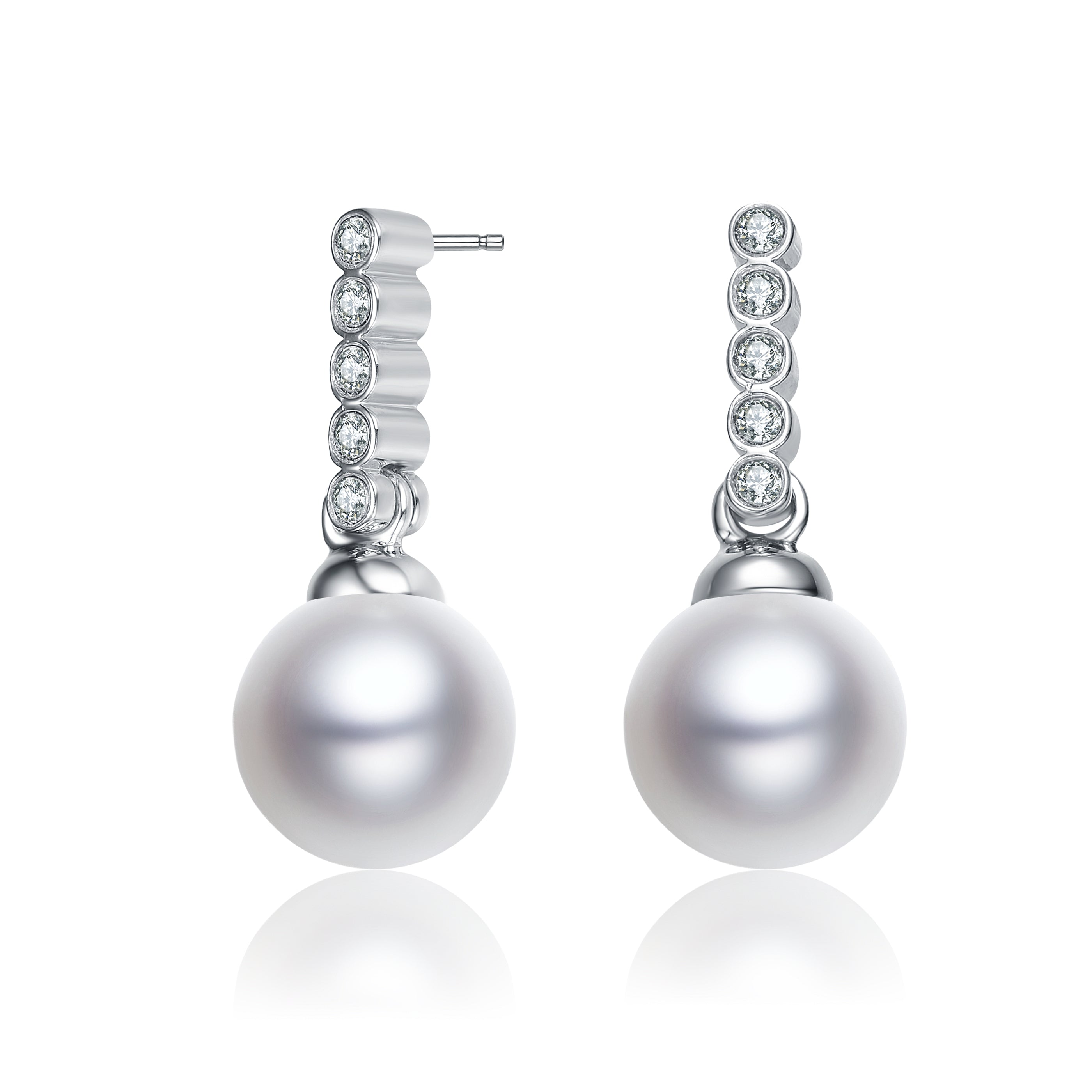 Women’s White / Silver Sterling Silver With White Gold Plated White Round Pearl With Clear Round Cubic Zirconia Drop Earrings Genevive Jewelry