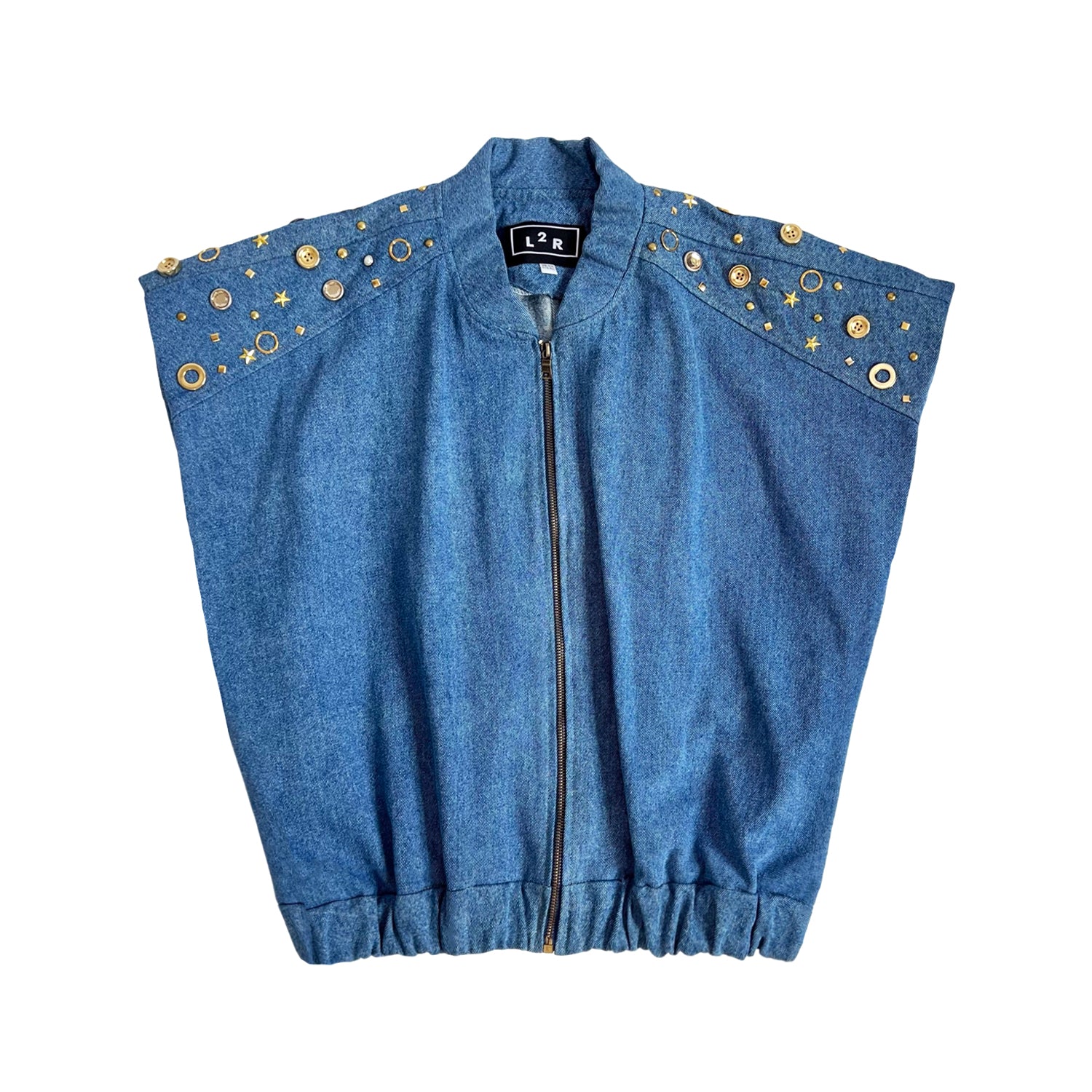 L2r The Label Women's Studded Sleeveless Bomber Jacket In Blue Denim In Blue