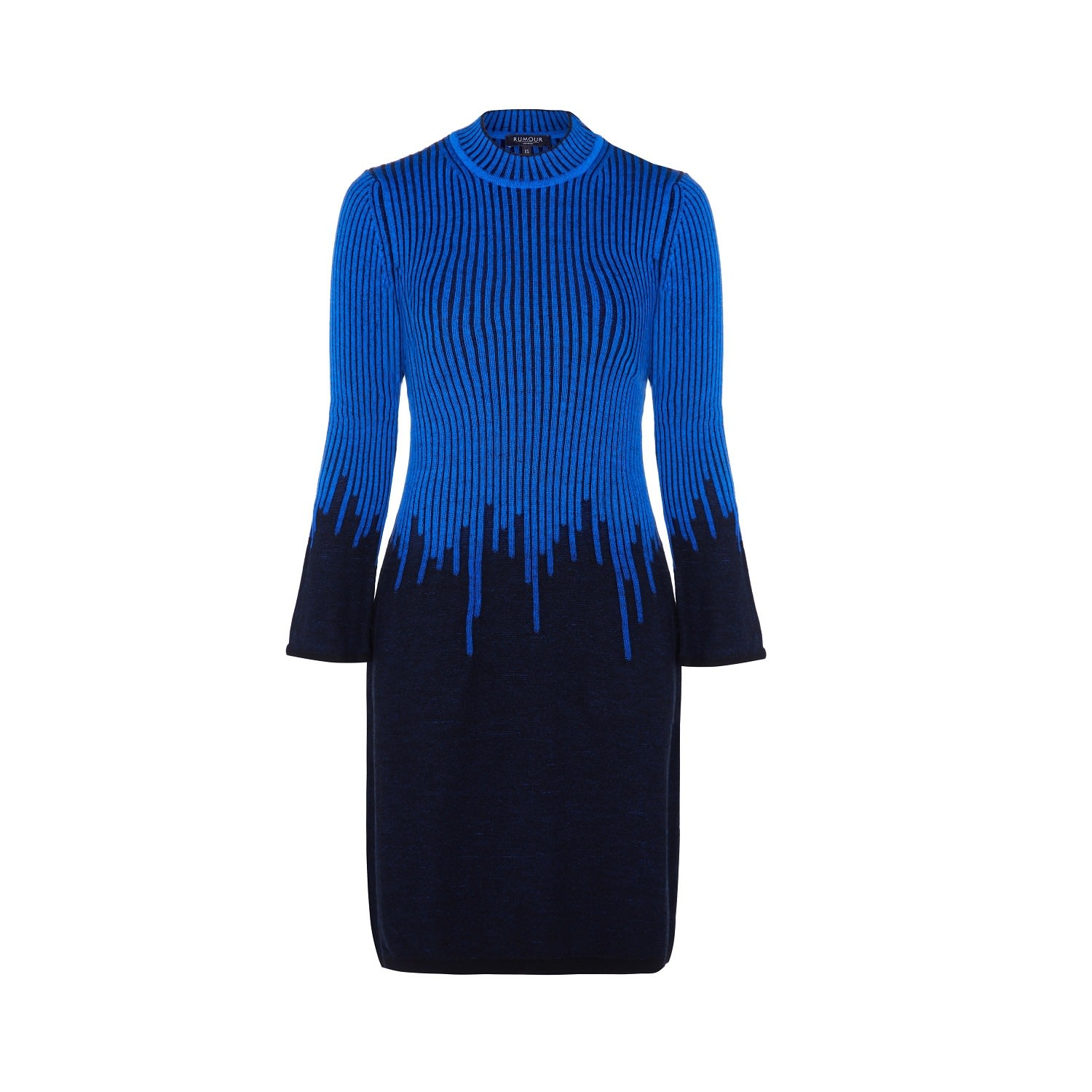 Women’s Talia Blue Two-Tone Ribbed Knit Dress With Rain Drop Effect & Bell Sleeves Medium Rumour London