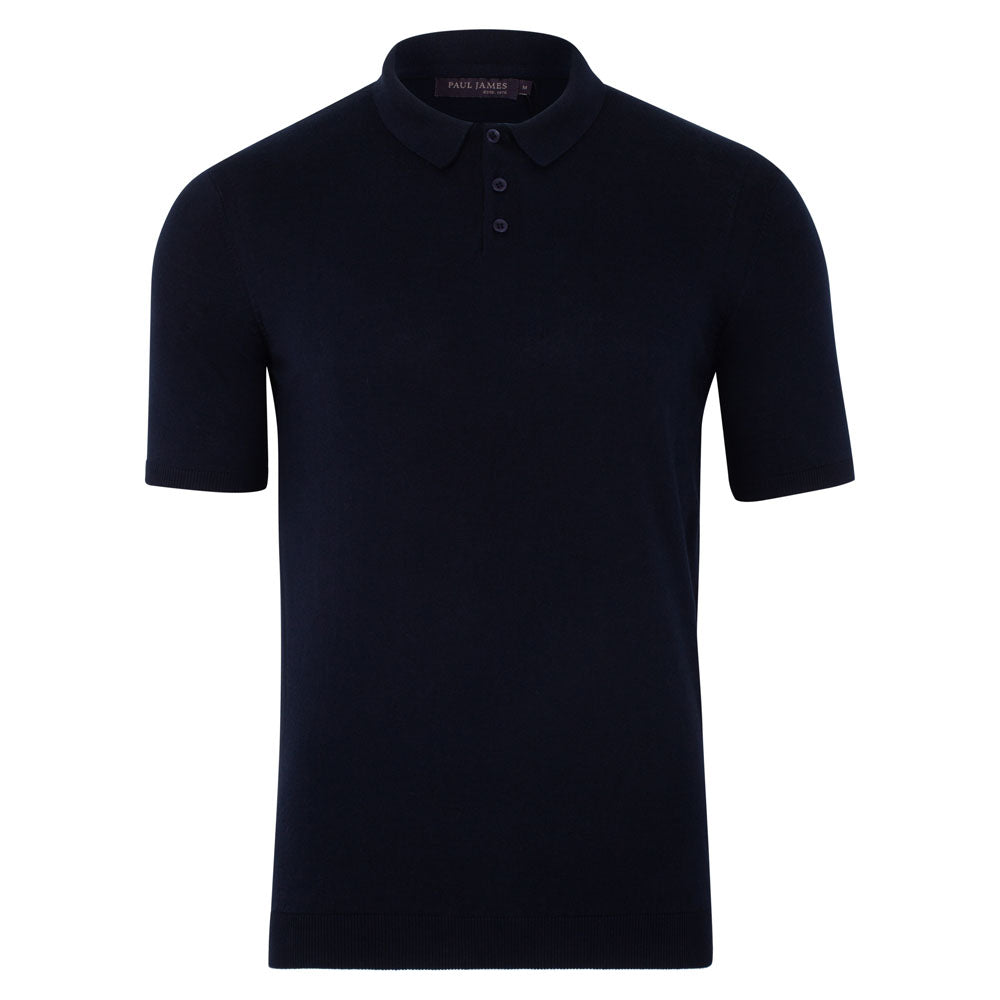 Blue Mens Ultra Fine Cotton Earl Short Sleeve Polo Shirt - Navy Medium Paul James Knitwear