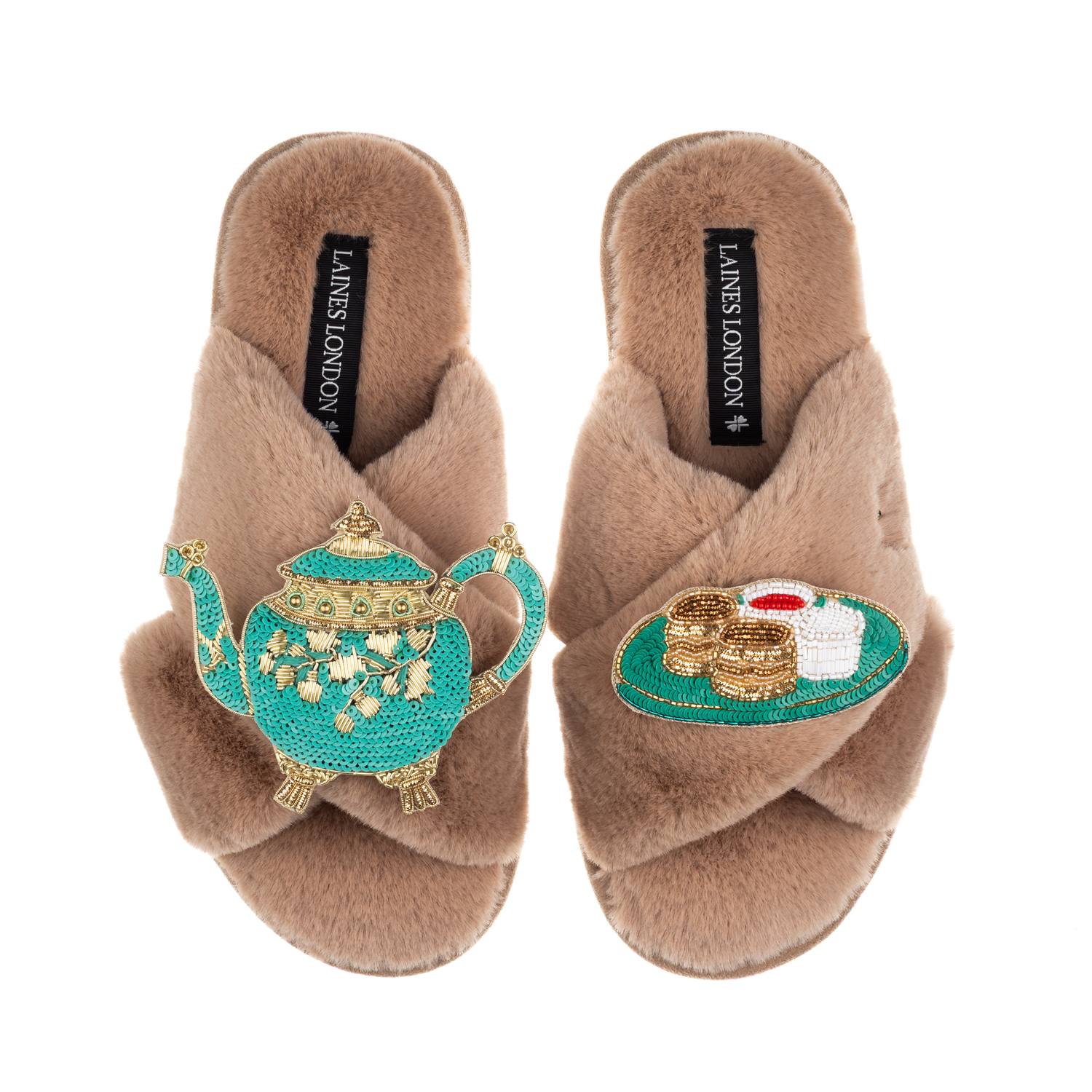 Laines London Women's Brown / Neutrals Laines X Juliet Slippers With Tea & Scones Brooches - Toffee In Brown