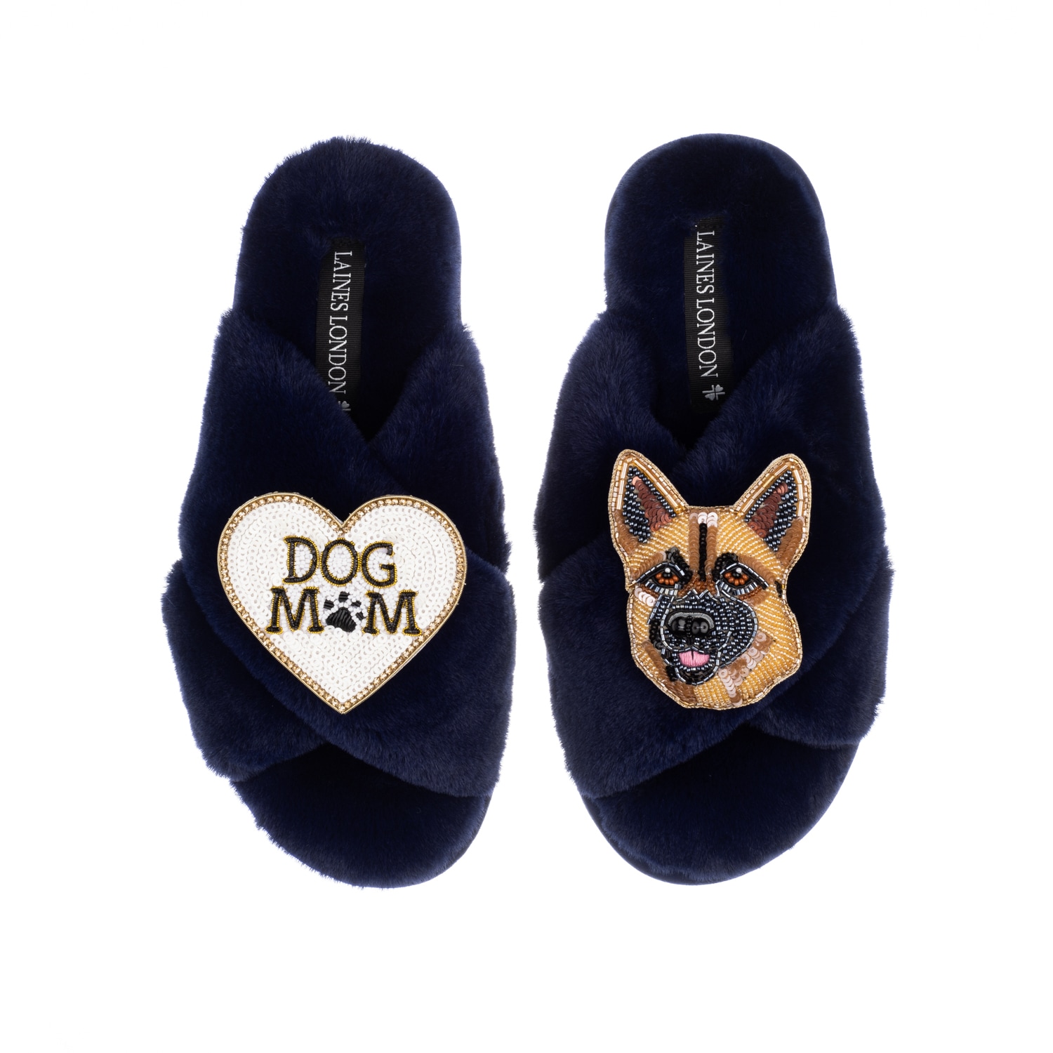 Laines London Women's Blue Classic Laines Slippers With Roxy The German Shepherd & Dog Mum/mom Brooches - Navy In Blue
