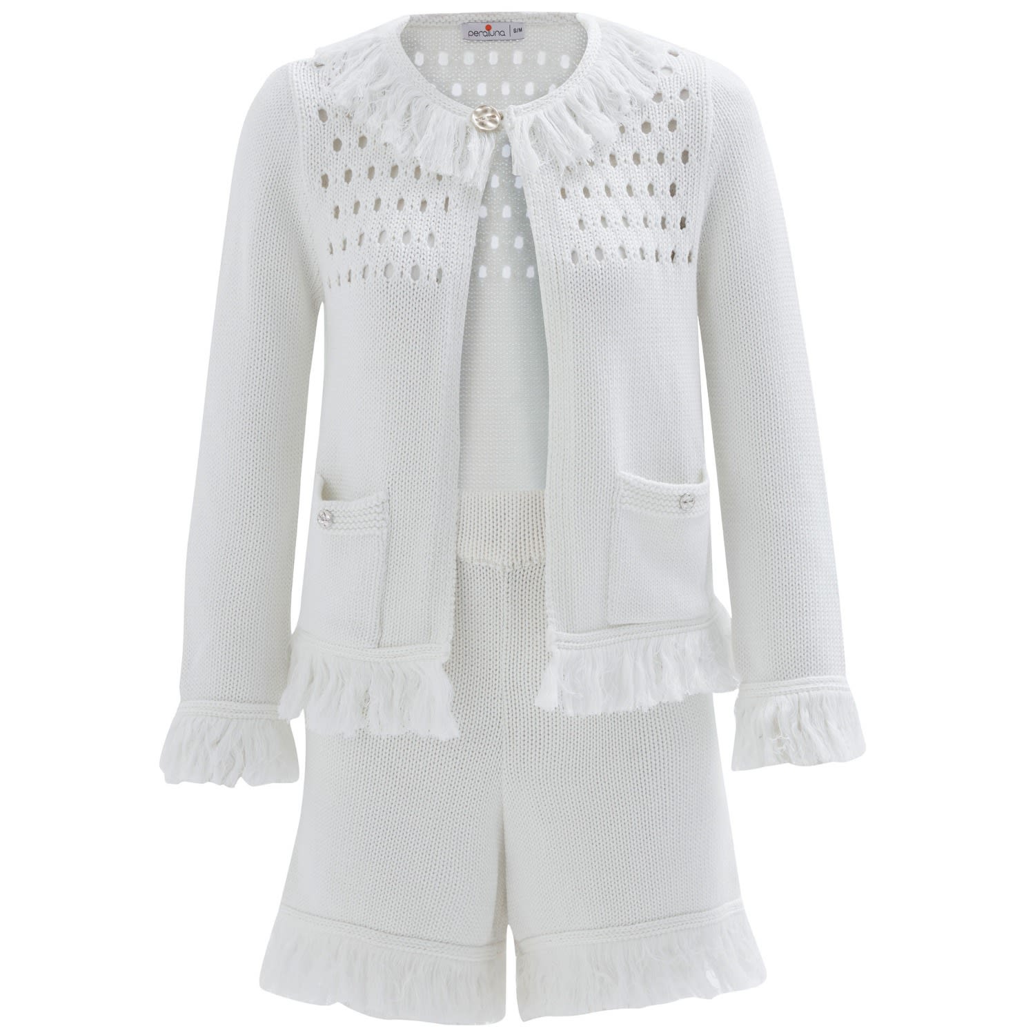 Peraluna Miyoki Knitted Crop Cardigan & Shorts Matching Set In Off-white In White
