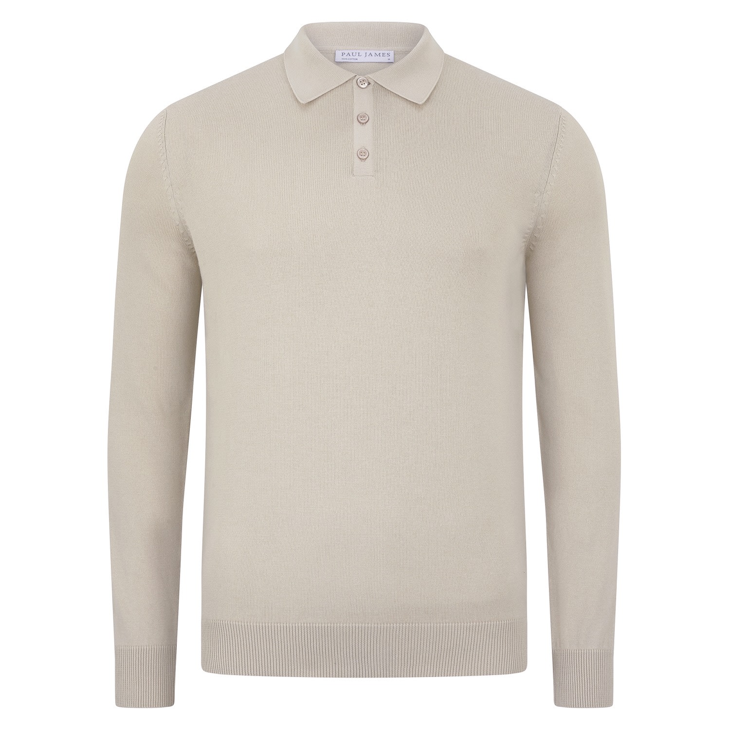 Paul James Knitwear Neutrals Mens Cotton Hall Long Sleeve Knitted Polo Shirt - Birch