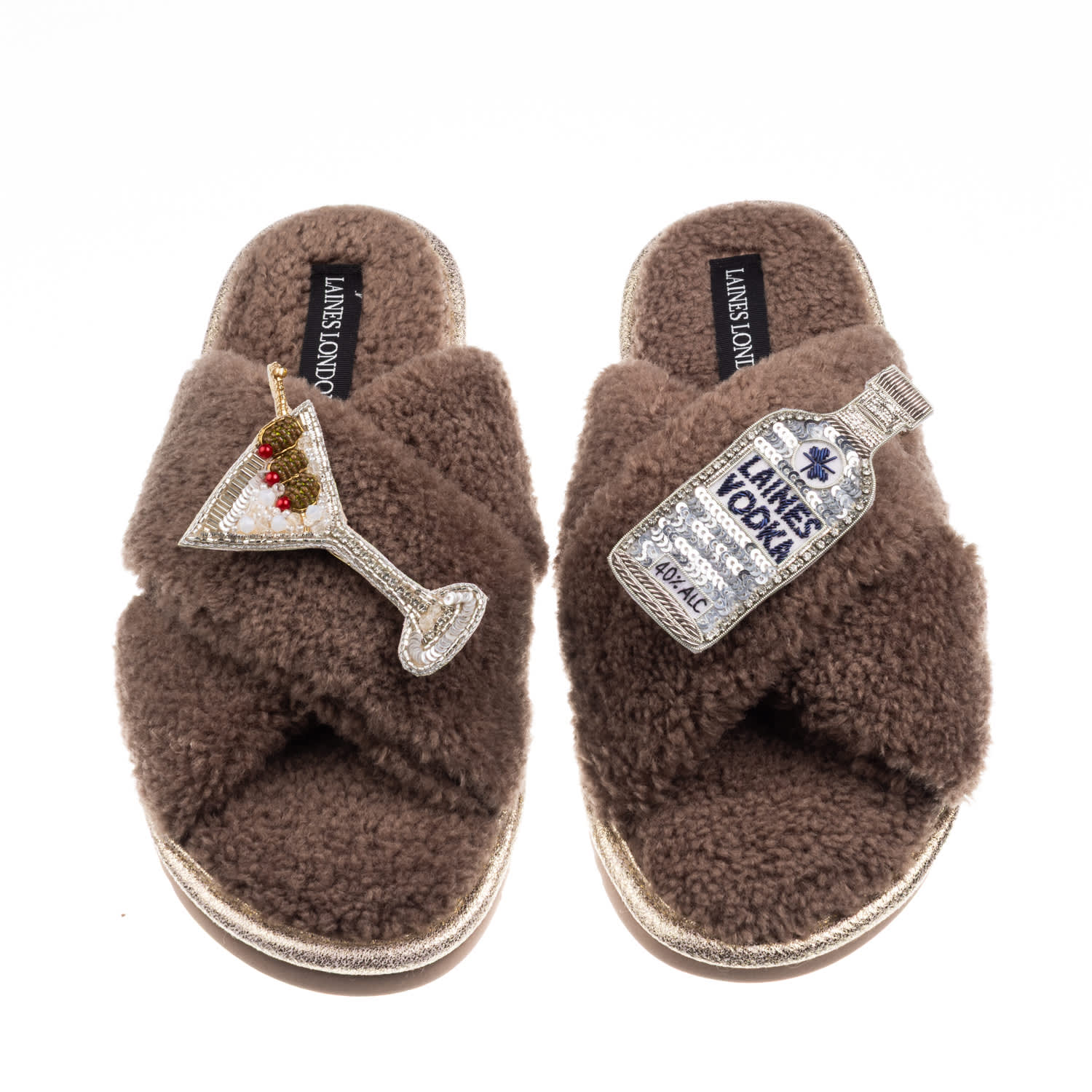 Laines London Women's Brown / Neutrals Laines Neutral Boucle Slippers With Vodka Martini Brooches - Mink In Brown