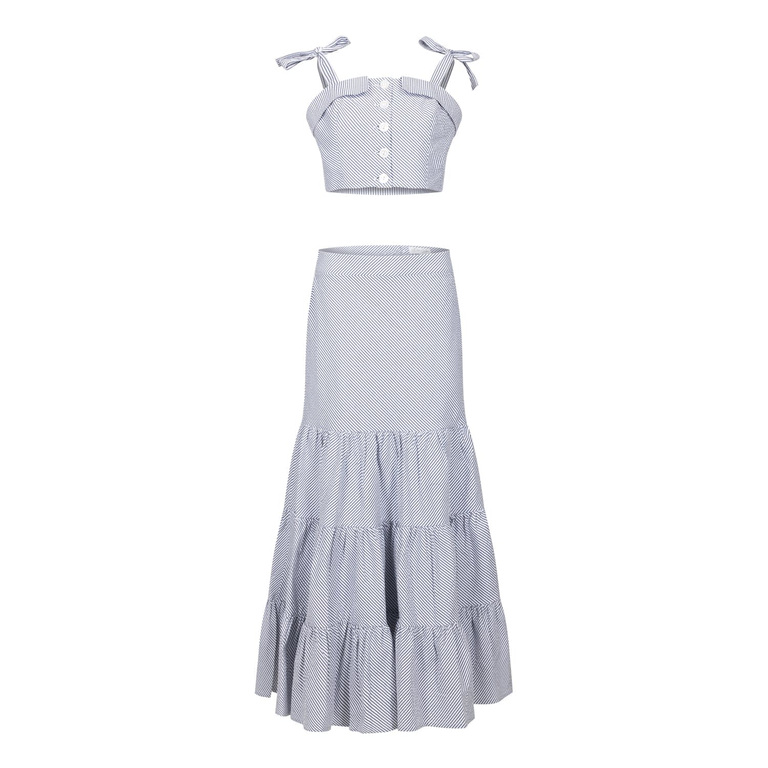 Summer Spinning Crop Top & Maxi Skirt Set In Blue & White