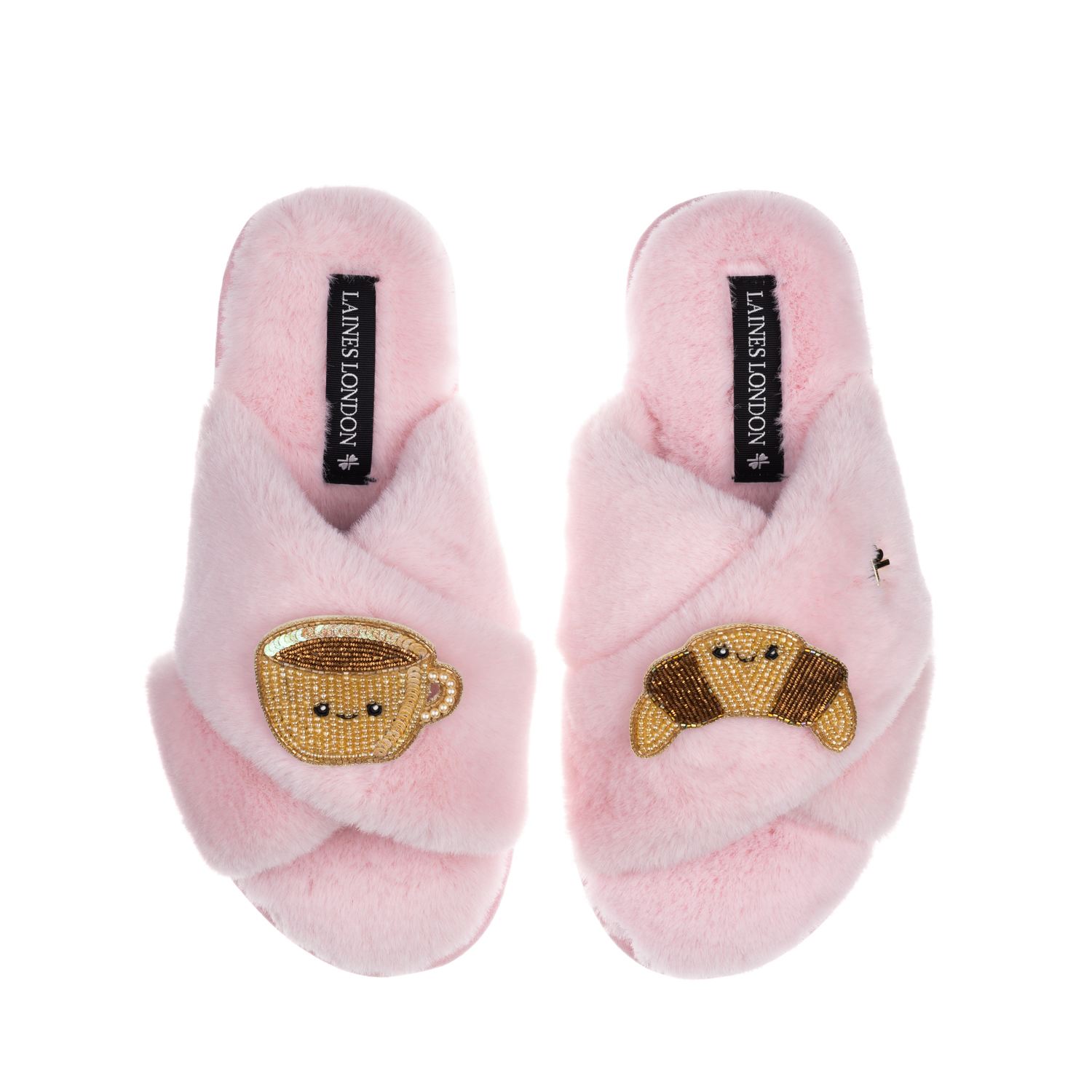 Laines London Women's Pink / Purple Classic Slippers With Laines Loveables Coffee & Croissant Brooches - Pink In Pink/purple