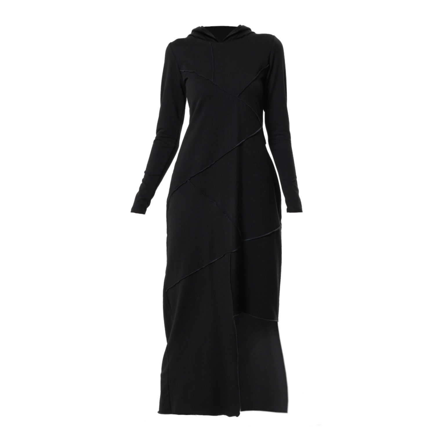 Metamorphoza Women's Asymmetric Black Hooded Dress In Black