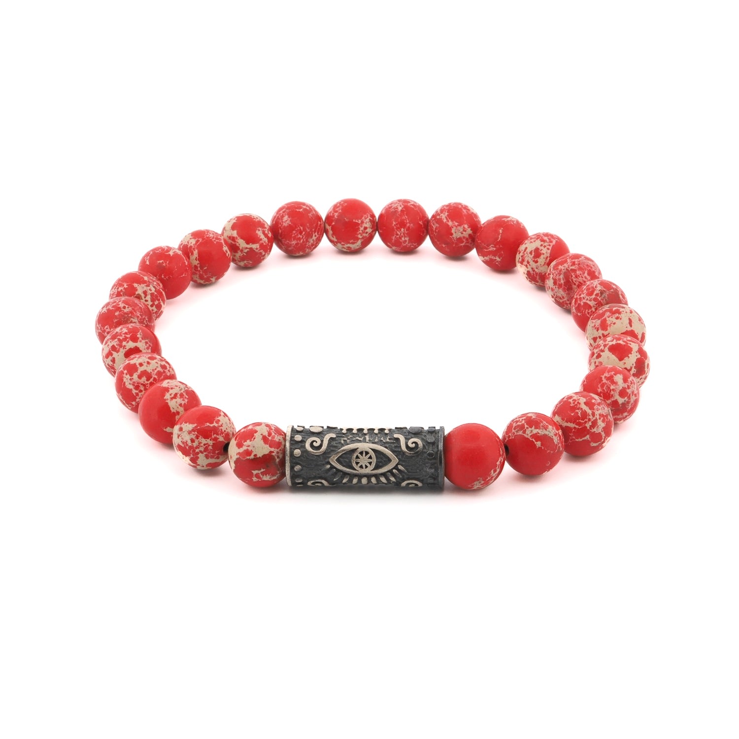 Ebru Jewelry Men's Red / Silver Sterling Silver Evil Eye & Red Jasper Stone Beaded Bracelet - Red