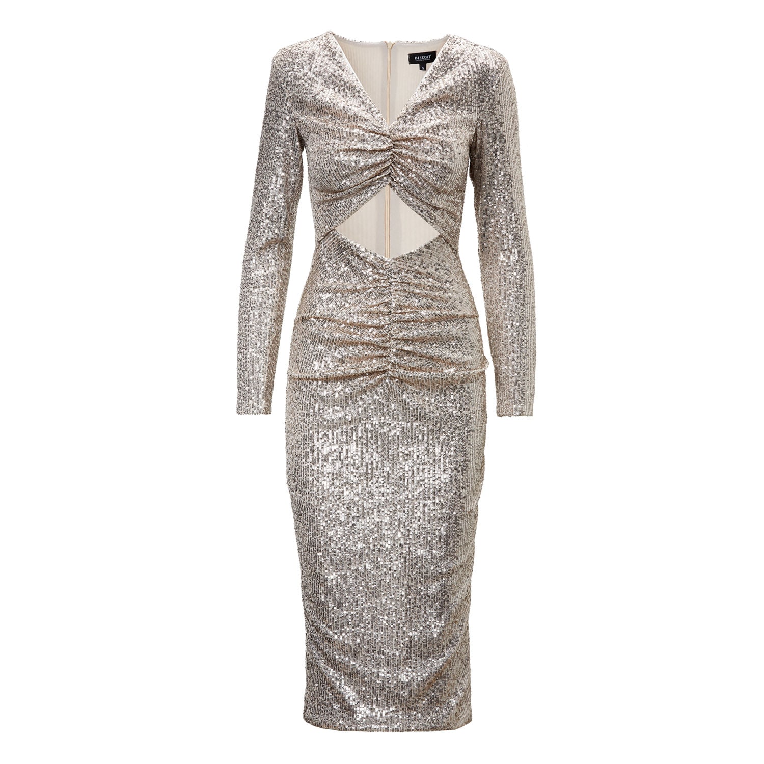 Bluzat Women's Gold Sequin Midi Dress With Cut-out And Gathered Detailing In Metallic