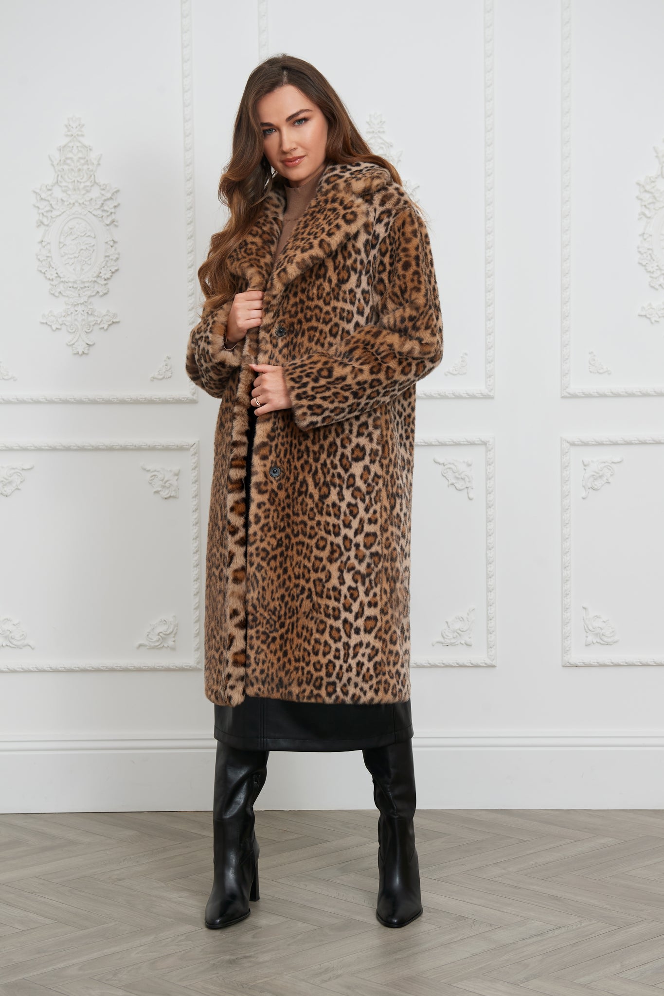 Women’s Neutrals Loretta Longline Luxe Faux Fur Coat Leopard Medium Issy London