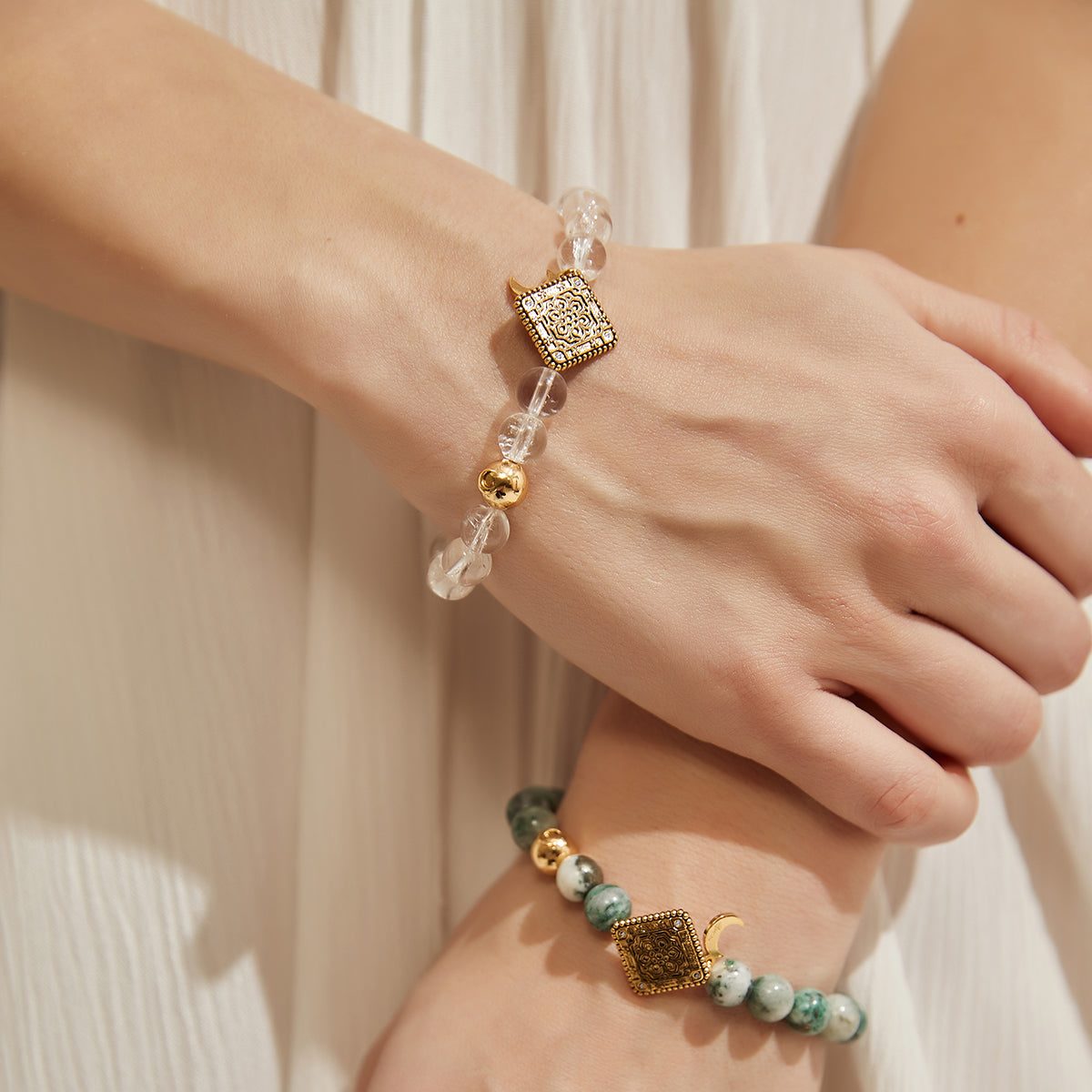 Aurozia Women's Gold / Silver Three Charms Sundial & Lotus & The Endless Love Knot Rock Quartz Beaded Bracel In Multi
